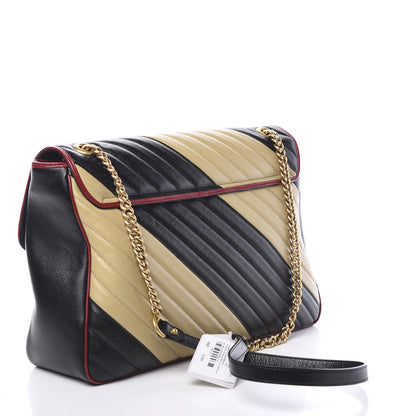 Gucci Azalea Calfskin Matelasse Diagonal Patchwork Large Torchon GG Marmont Shoulder Bag Black Beige Romantic Cerise 2 of 9
