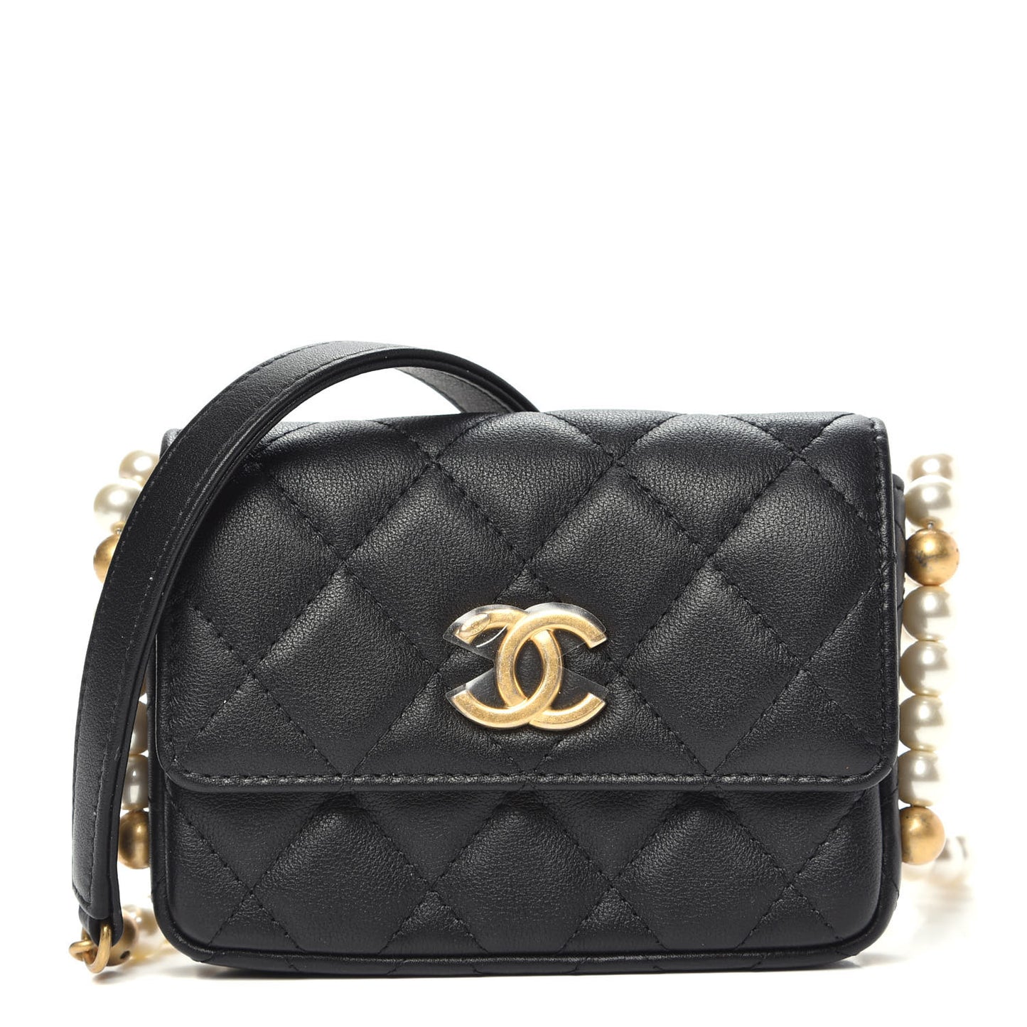 Calfskin Quilted About Pearls Card Holder Flap With Chain Black
