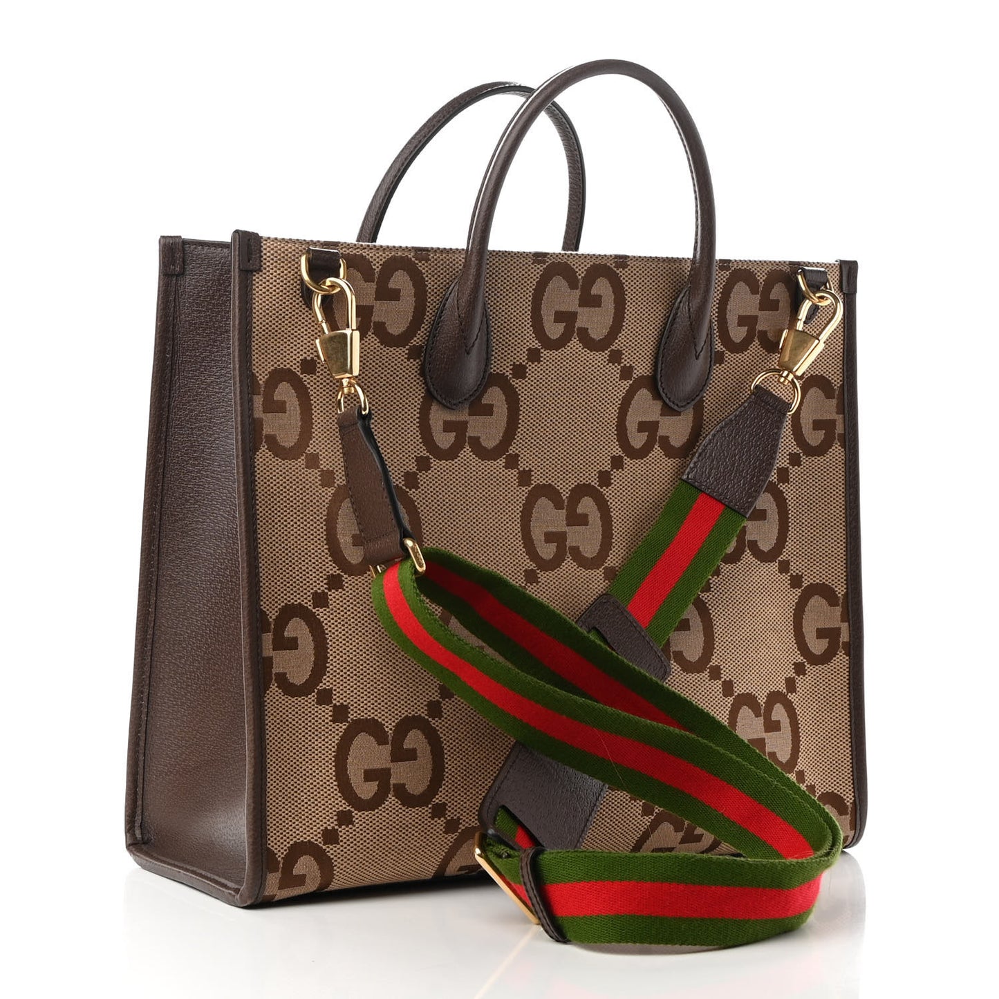 Monogram Jumbo GG Textured Dollar Calfskin Web Tote Bag Camel Ebony New Acero
