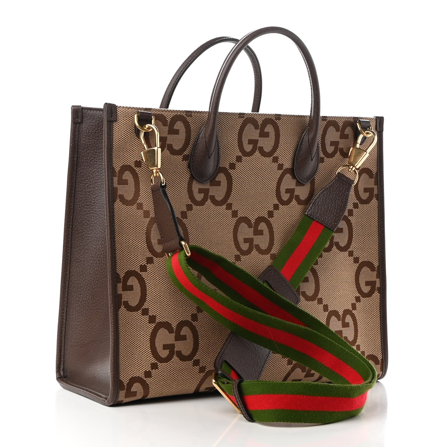 Gucci Monogram Jumbo GG Textured Dollar Calfskin Web Tote Bag Camel Ebony New Acero 3 of 10