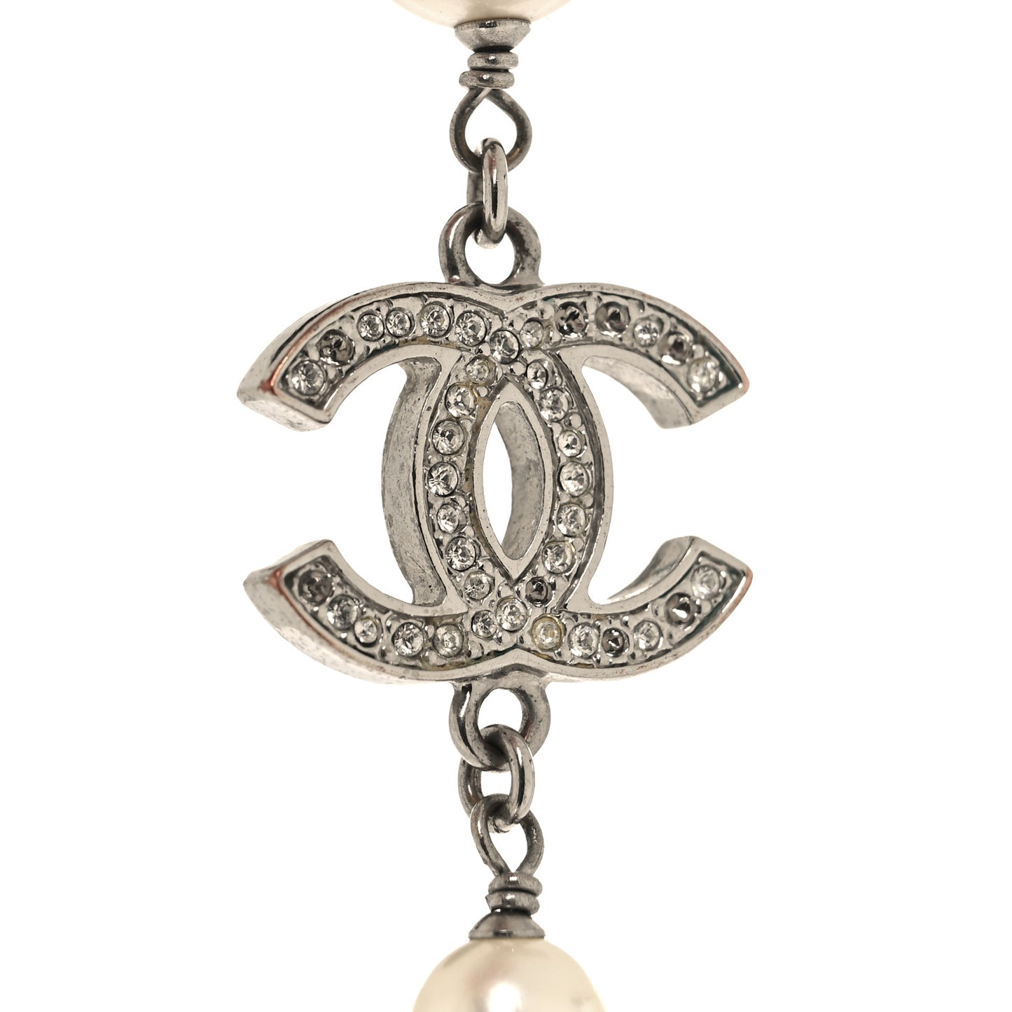 Crystal Pearl CC Long Necklace Silver