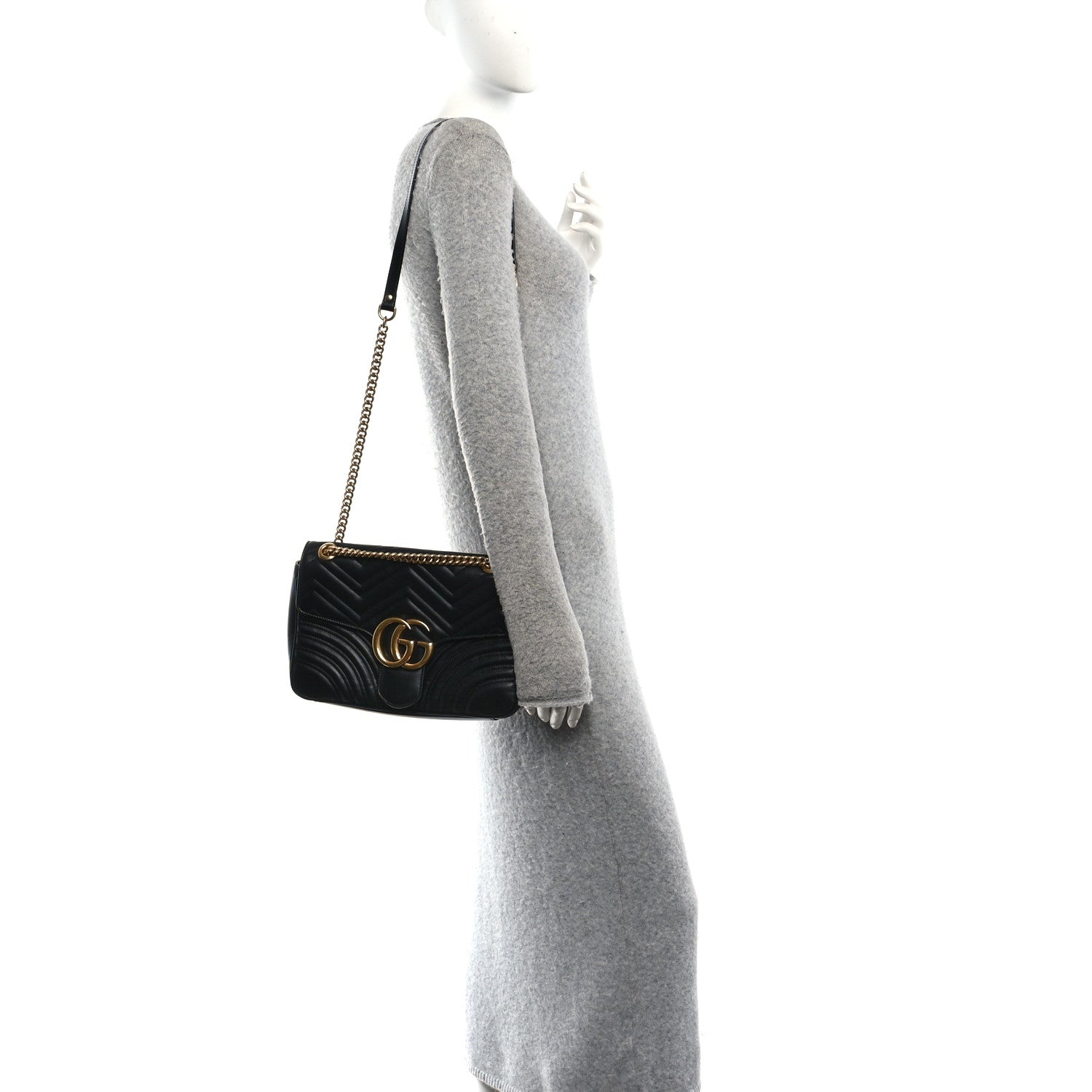 Gucci Calfskin Matelasse Medium GG Marmont Shoulder Bag Black 2 of 11