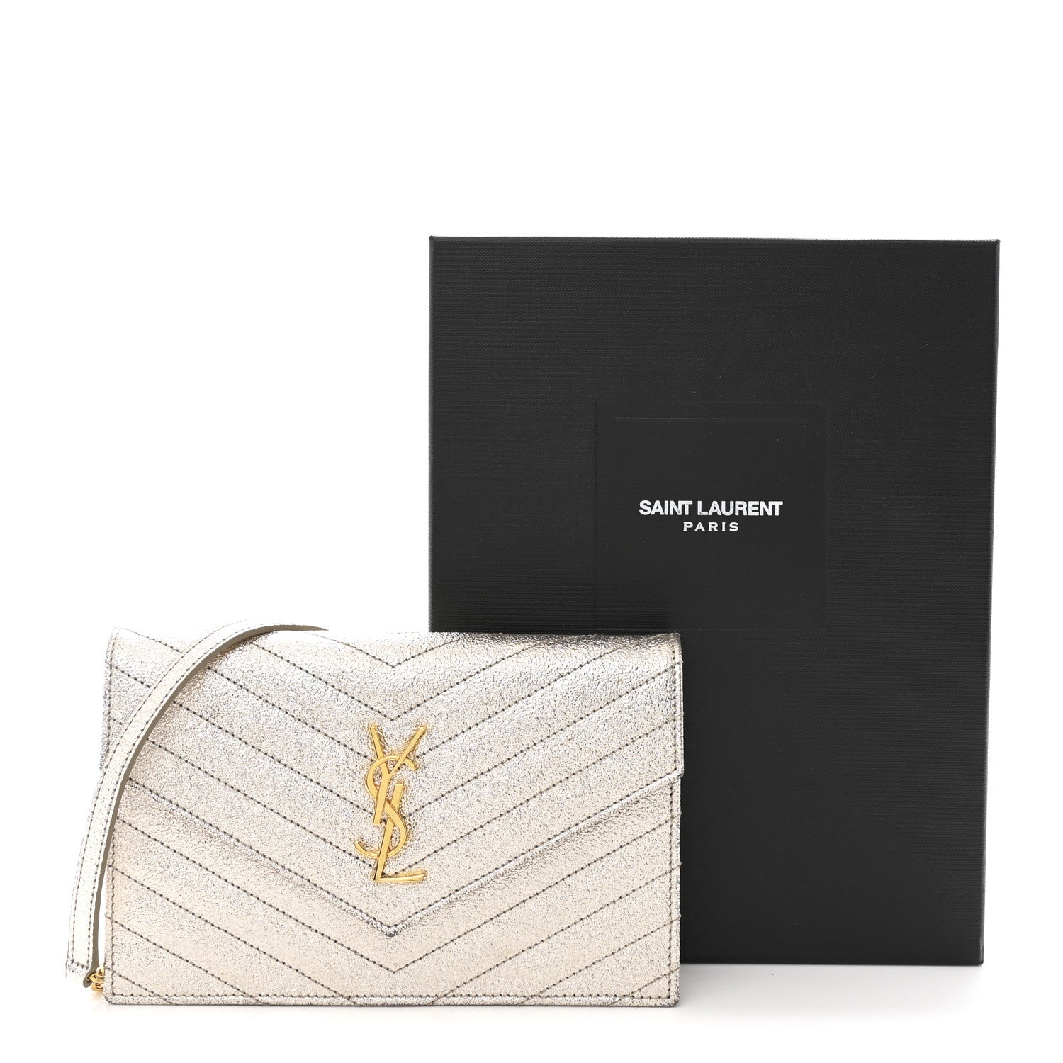Saint Laurent Metallic Crackled Calfskin Matelasse Chevron Monogram Envelope Chain Wallet Gold 13 of 13