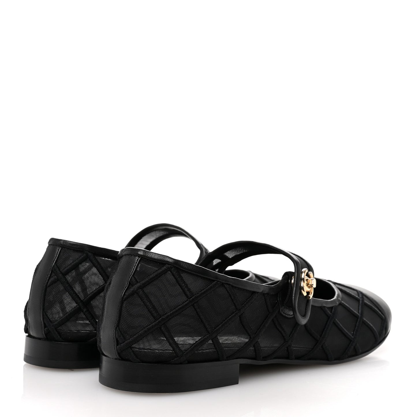Lambskin Fabric Mesh Quilted Mary Jane Cap Toe Flats 40.5 Black