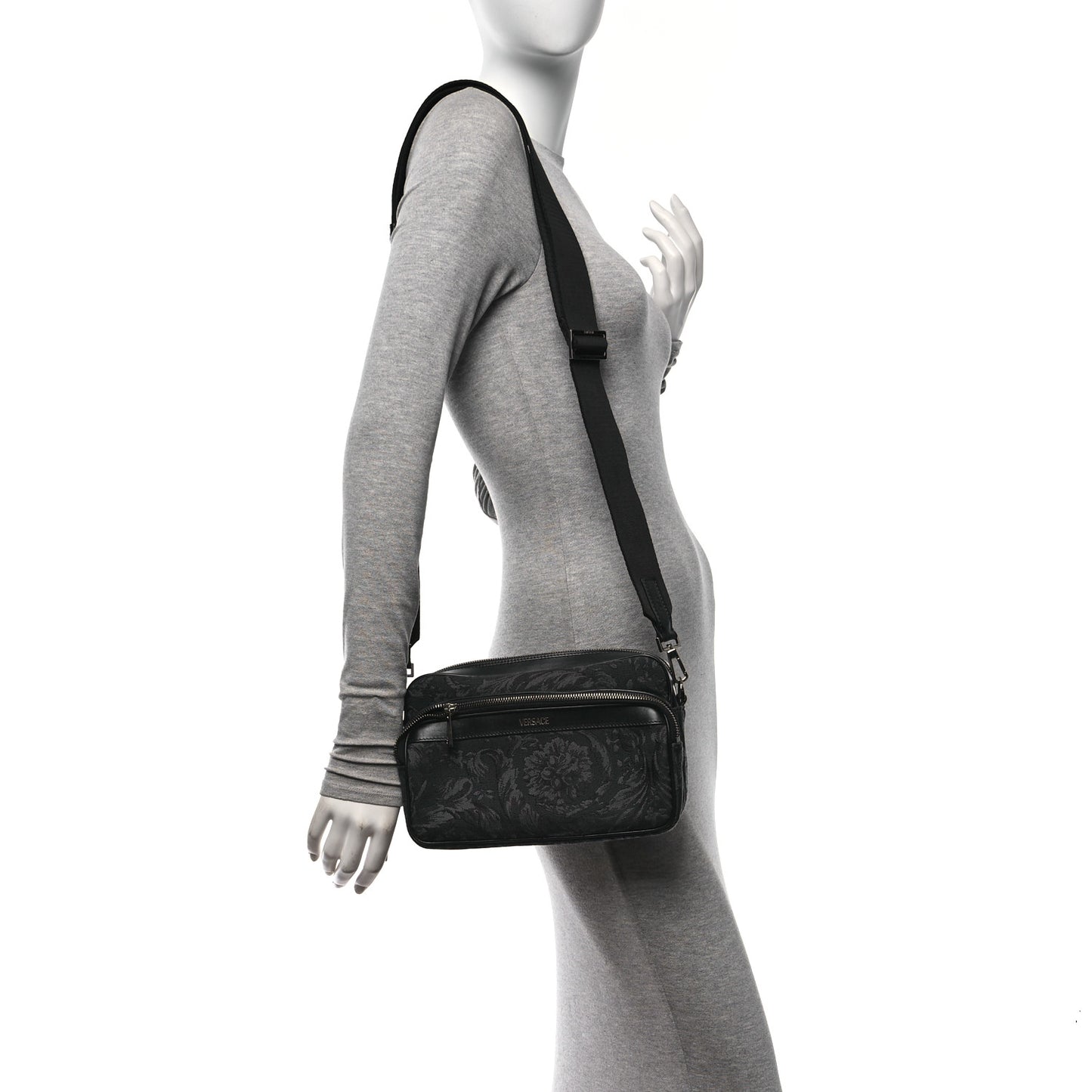 Fabric Jacquard Calfskin Barocco Messenger Crossbody Bag Black