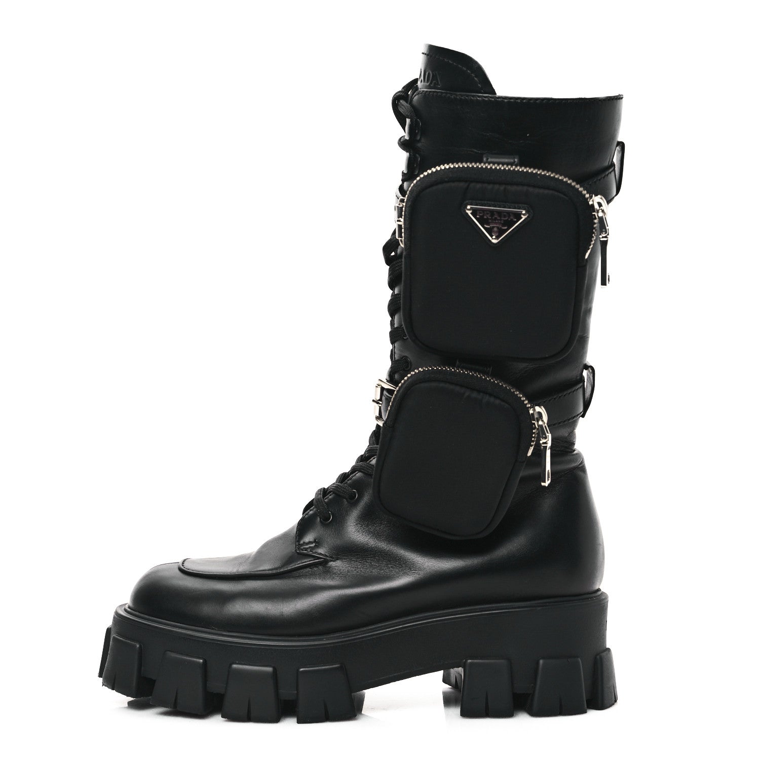 Prada Spazzolato Rois Re-Nylon Metal Triangle Logo Monolith Pouch Pocket 55mm Tall Combat Boots 40 Black 1 of 9