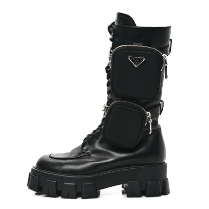 Prada Spazzolato Rois Re-Nylon Metal Triangle Logo Monolith Pouch Pocket 55mm Tall Combat Boots 40 Black 1 of 9