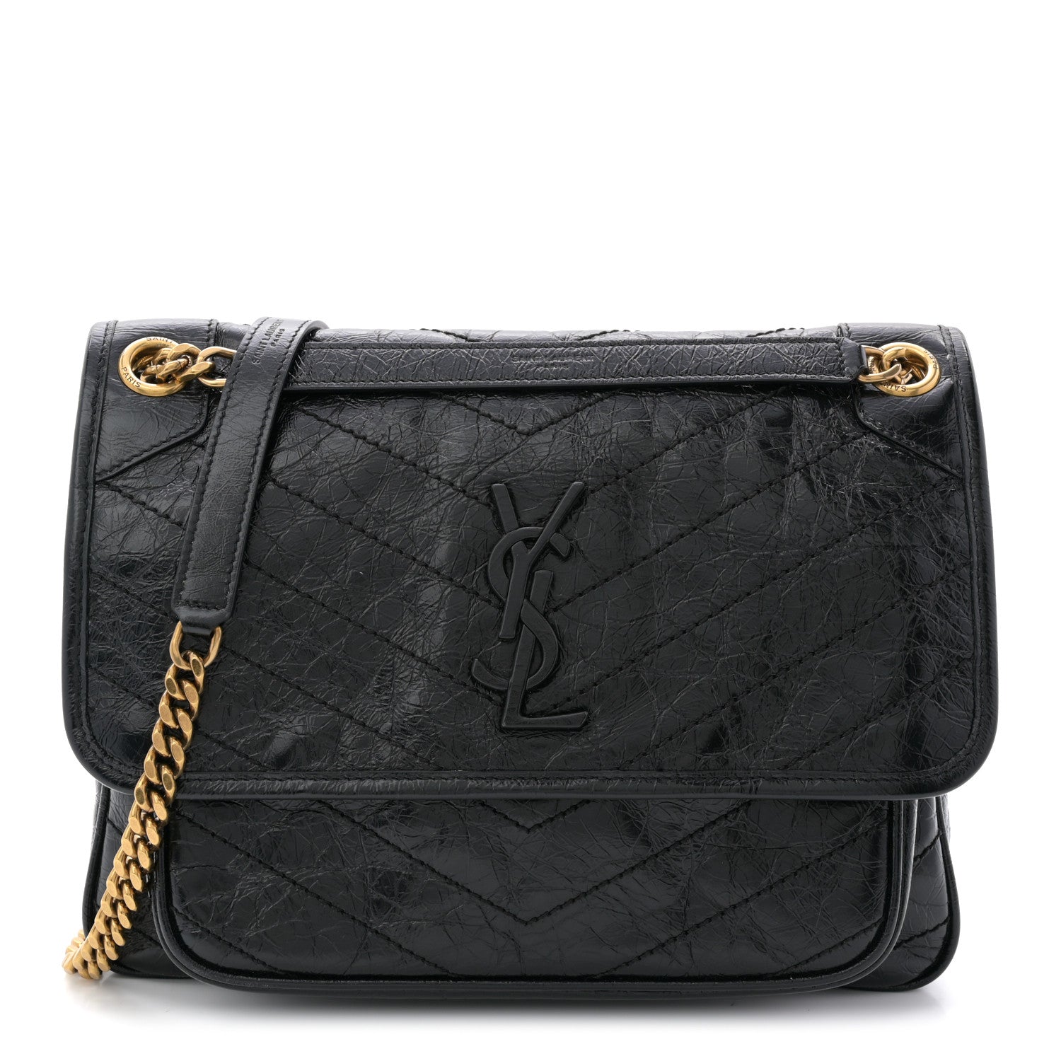 Saint Laurent Crinkled Calfskin Matelasse Monogram Medium Niki Chain Satchel Black 1 of 19