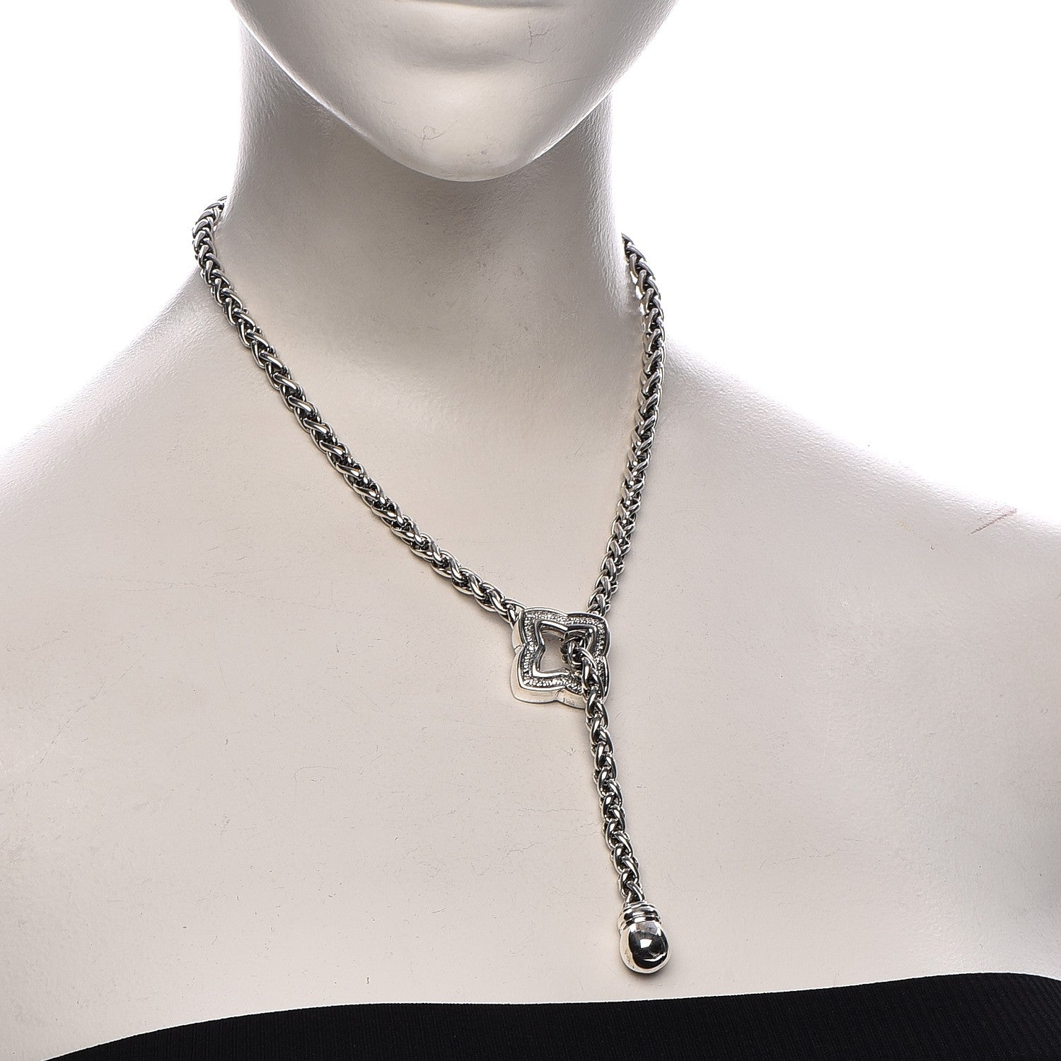 David Yurman Sterling Silver Diamond Quatrefoil Lariat Wheat Chain Necklace 2 of 8