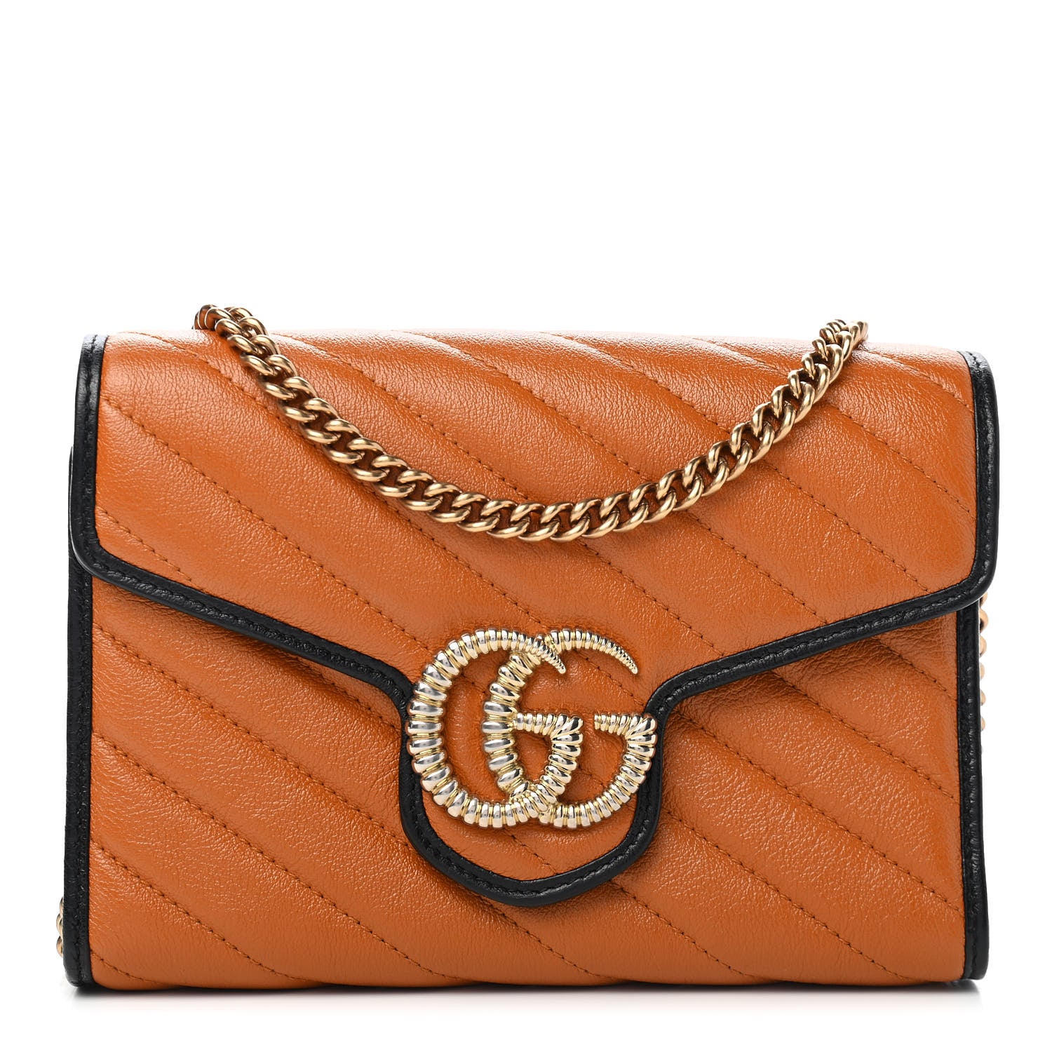 Gucci Vintage Effect Calfskin Matelasse Diagonal Torchon GG Marmont Chain Wallet Cognac 1 of 11