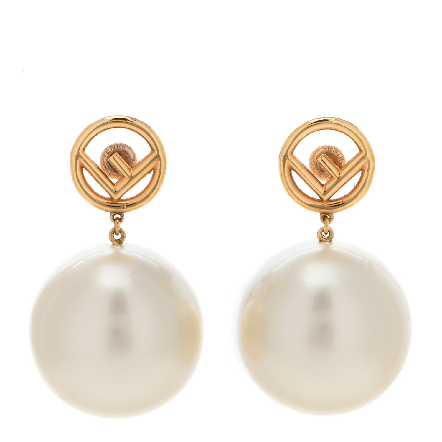 Fendi Metal Pearl Logo Earrings Gold 1 of 5