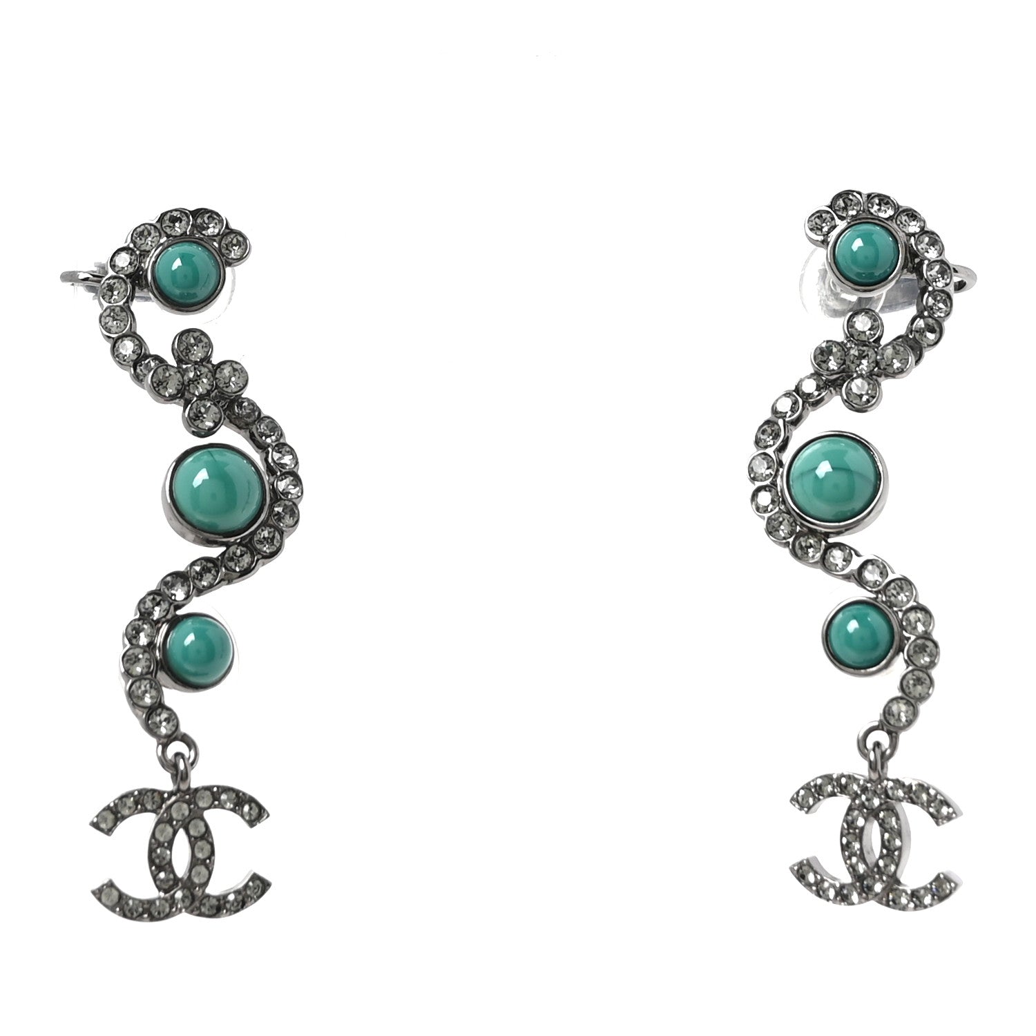 Chanel Crystal Bead CC Clip On Cuff Earrings Turquoise Ruthenium 1 of 5
