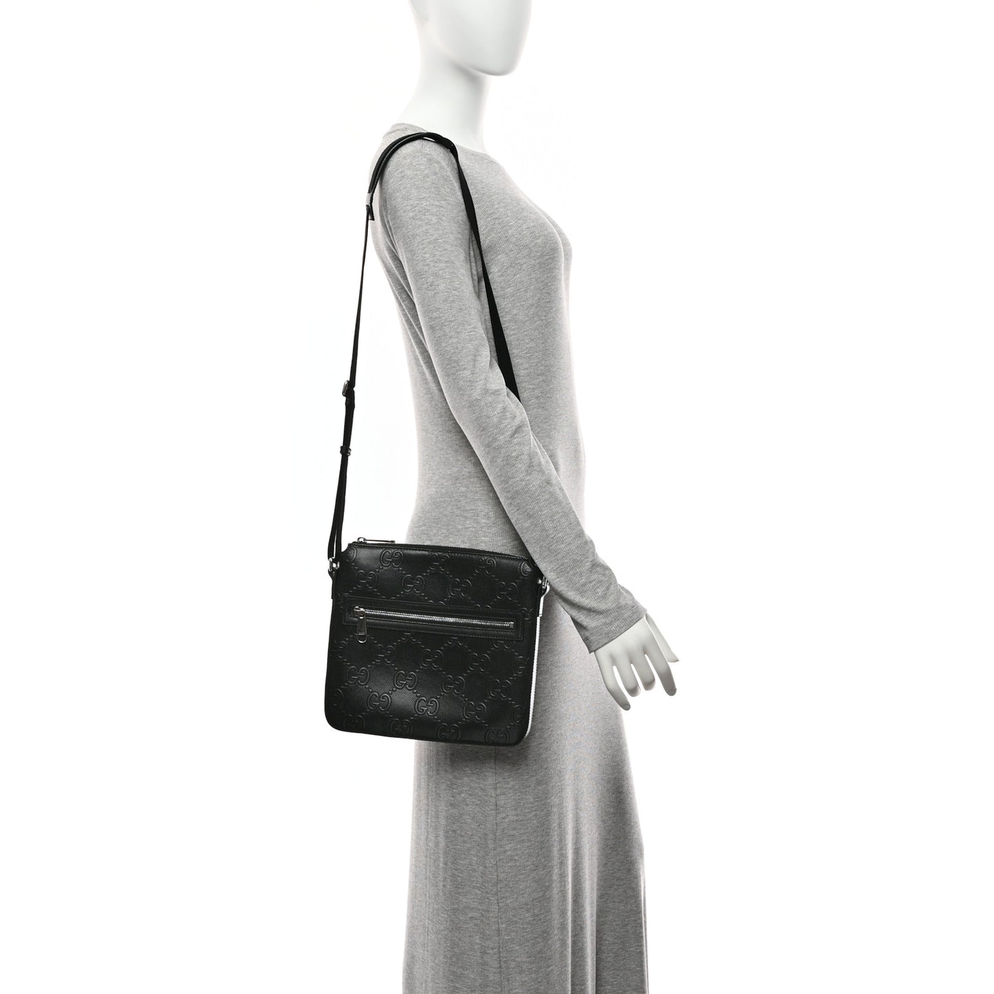 Calfskin GG Tennis Embossed Small Flat Messenger Bag Black