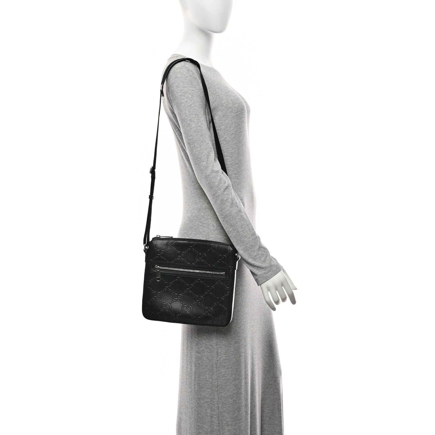 Gucci Calfskin GG Tennis Embossed Small Flat Messenger Bag Black 2 of 11