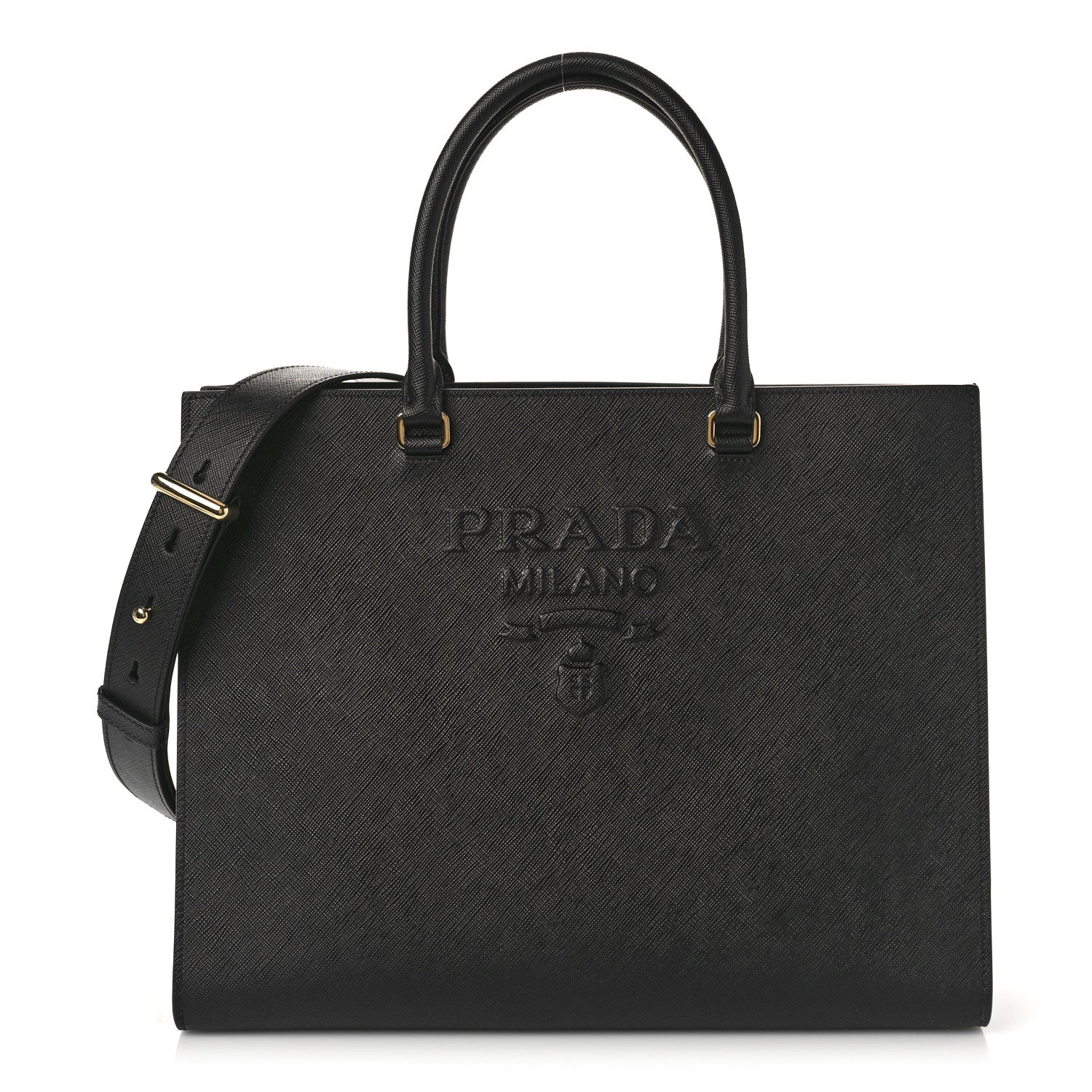 Prada Saffiano Lux Logo Embossed Large Shoulder Tote Handbag Black 1 of 8