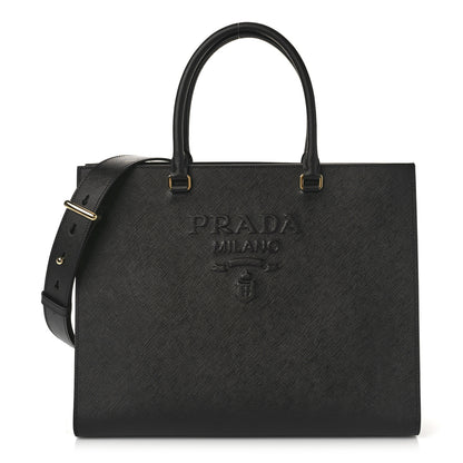 Prada Saffiano Lux Logo Embossed Large Shoulder Tote Handbag Black 1 of 8