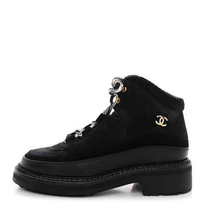 Chanel Suede Grained Calfskin CC Lace Up Boots 37 Black 1 of 8