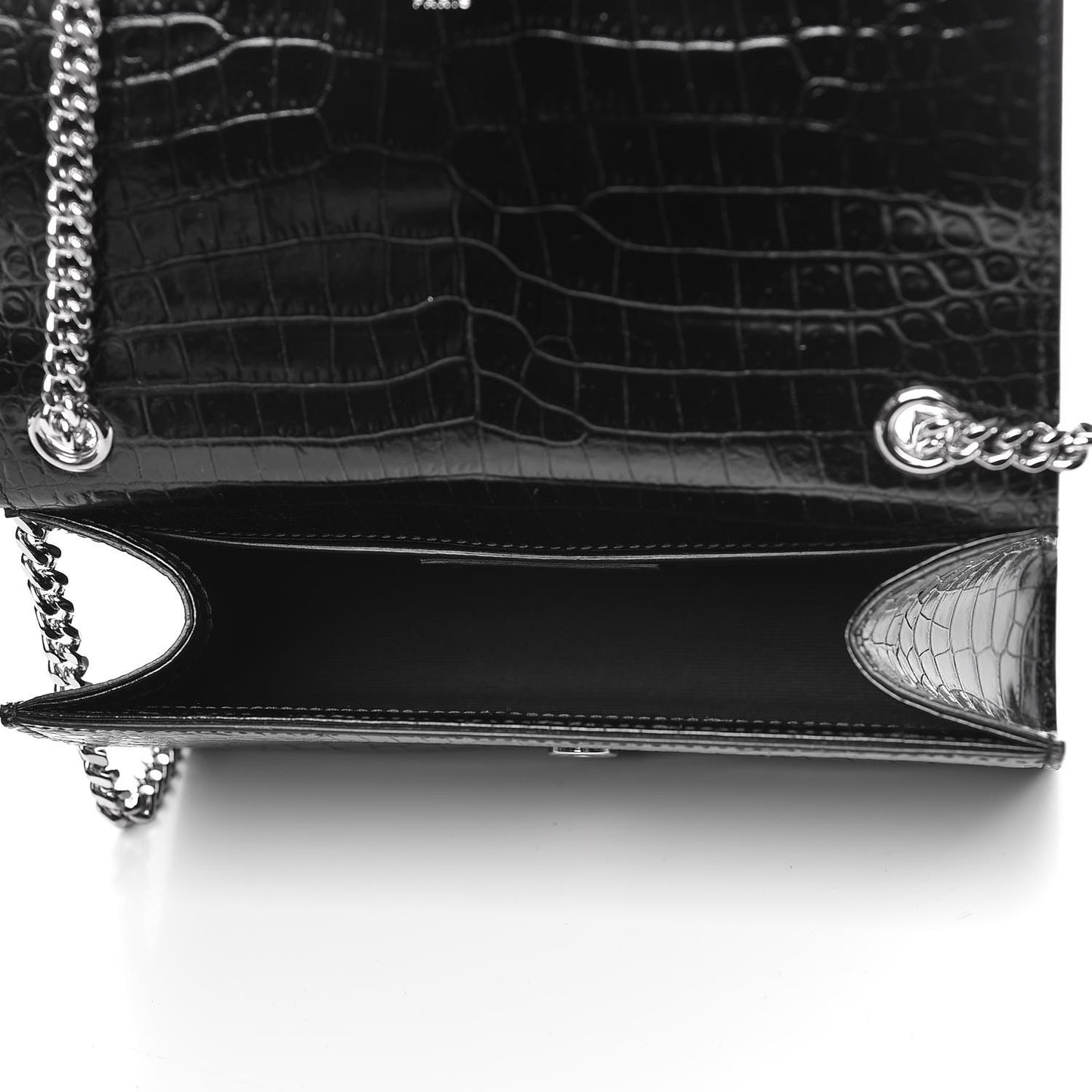 Calfskin Crocodile Embossed Small Classic Monogram Kate Tassel Satchel Black
