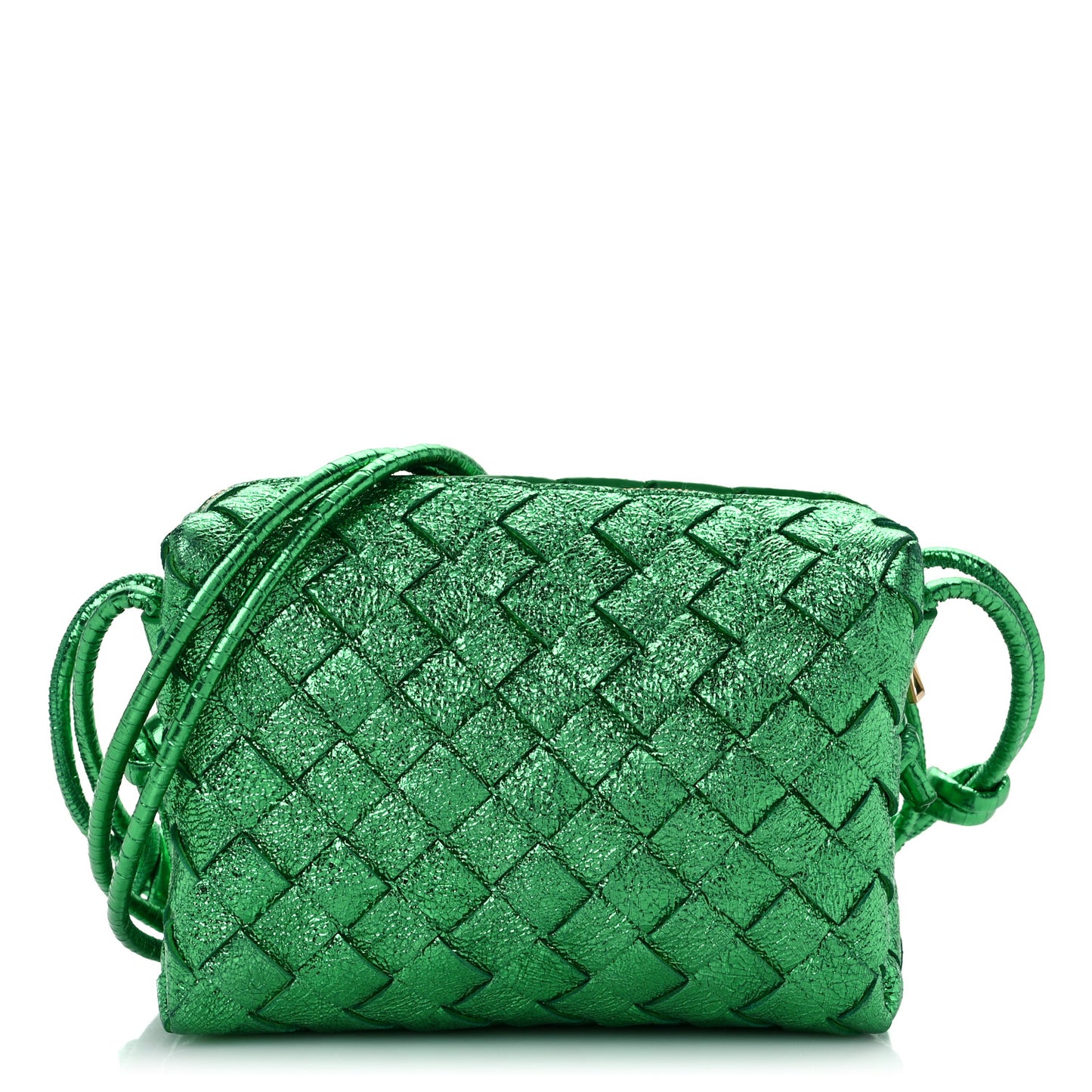 Metallic Calfskin Intrecciato Mini Loop Camera Bag Green