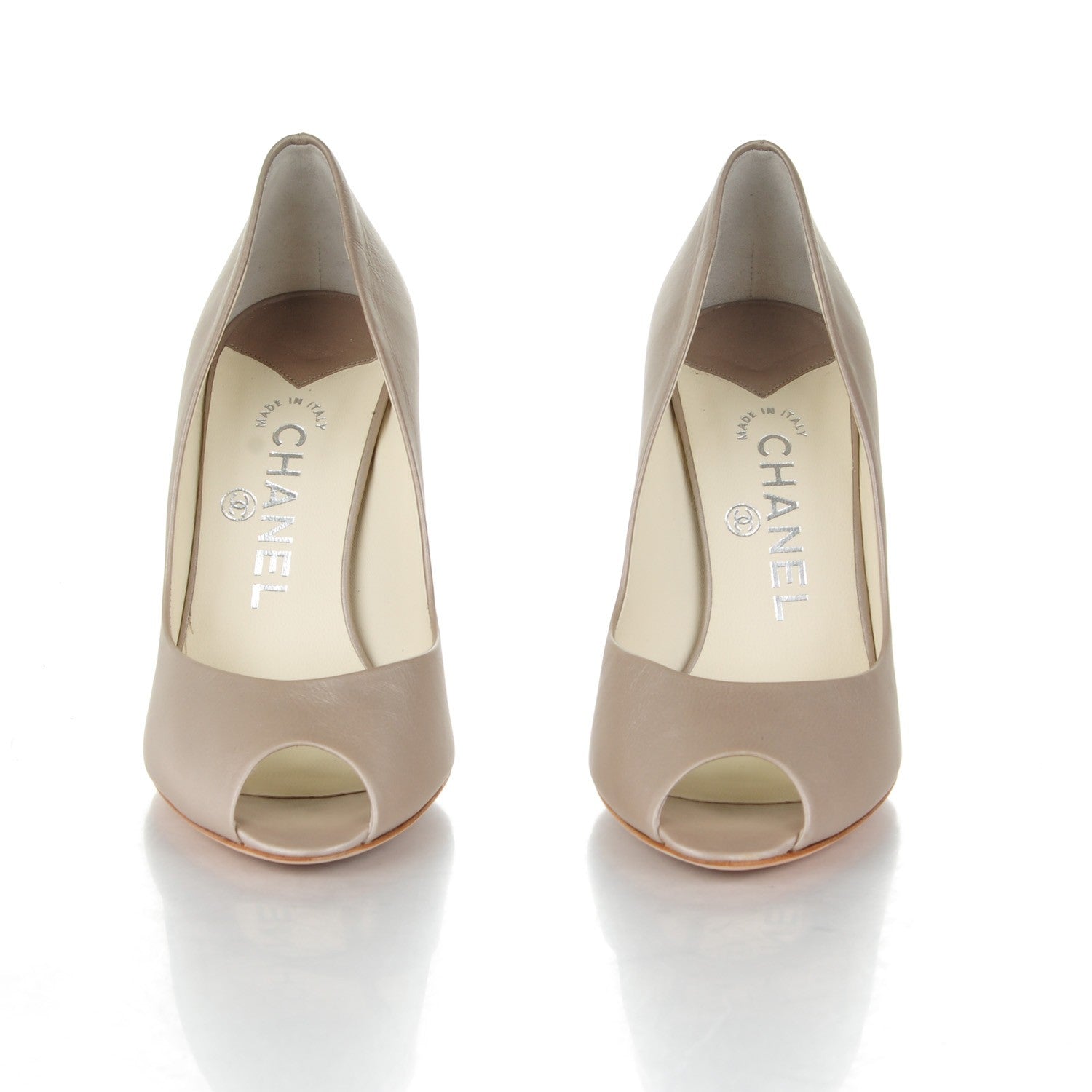 Chanel Metallic Calfskin CC Peep Toe Pumps 37.5 Beige 2 of 7