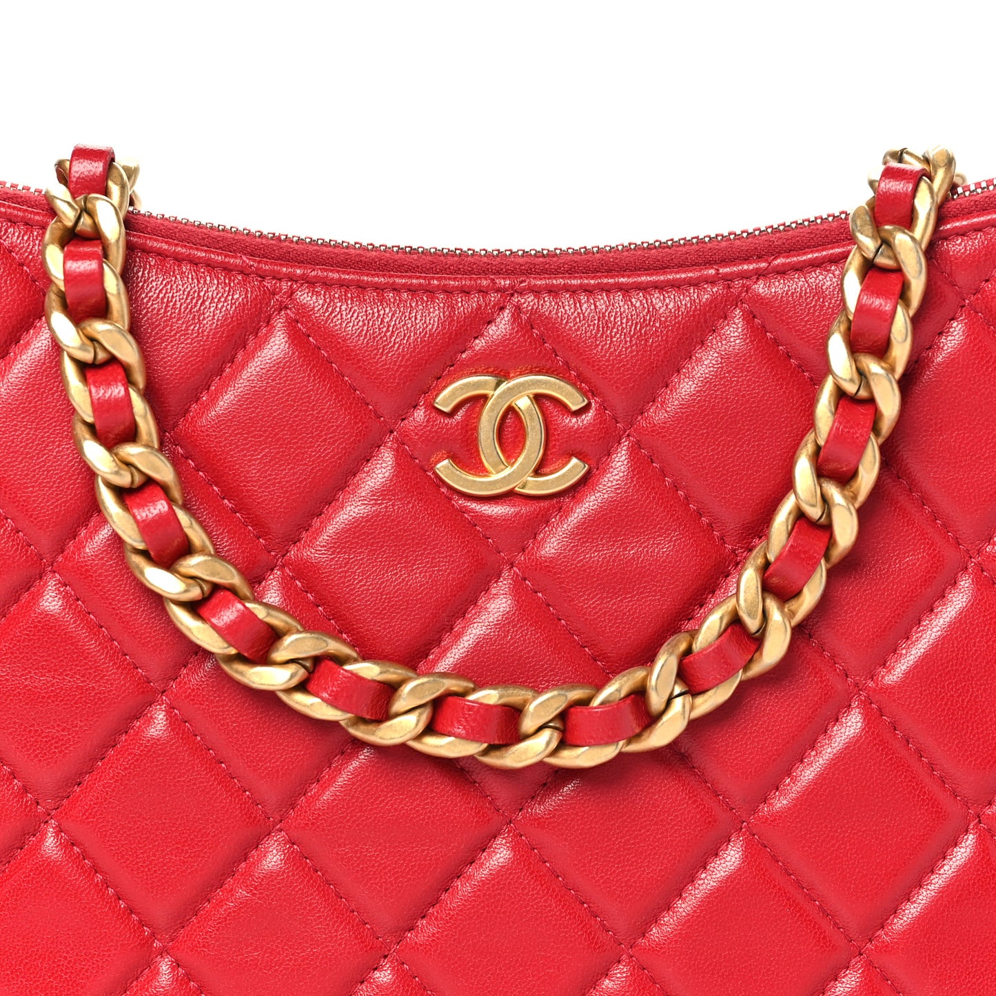 Shiny Crumpled Lambskin Quilted Large Trendy Chain Around Hobo Red