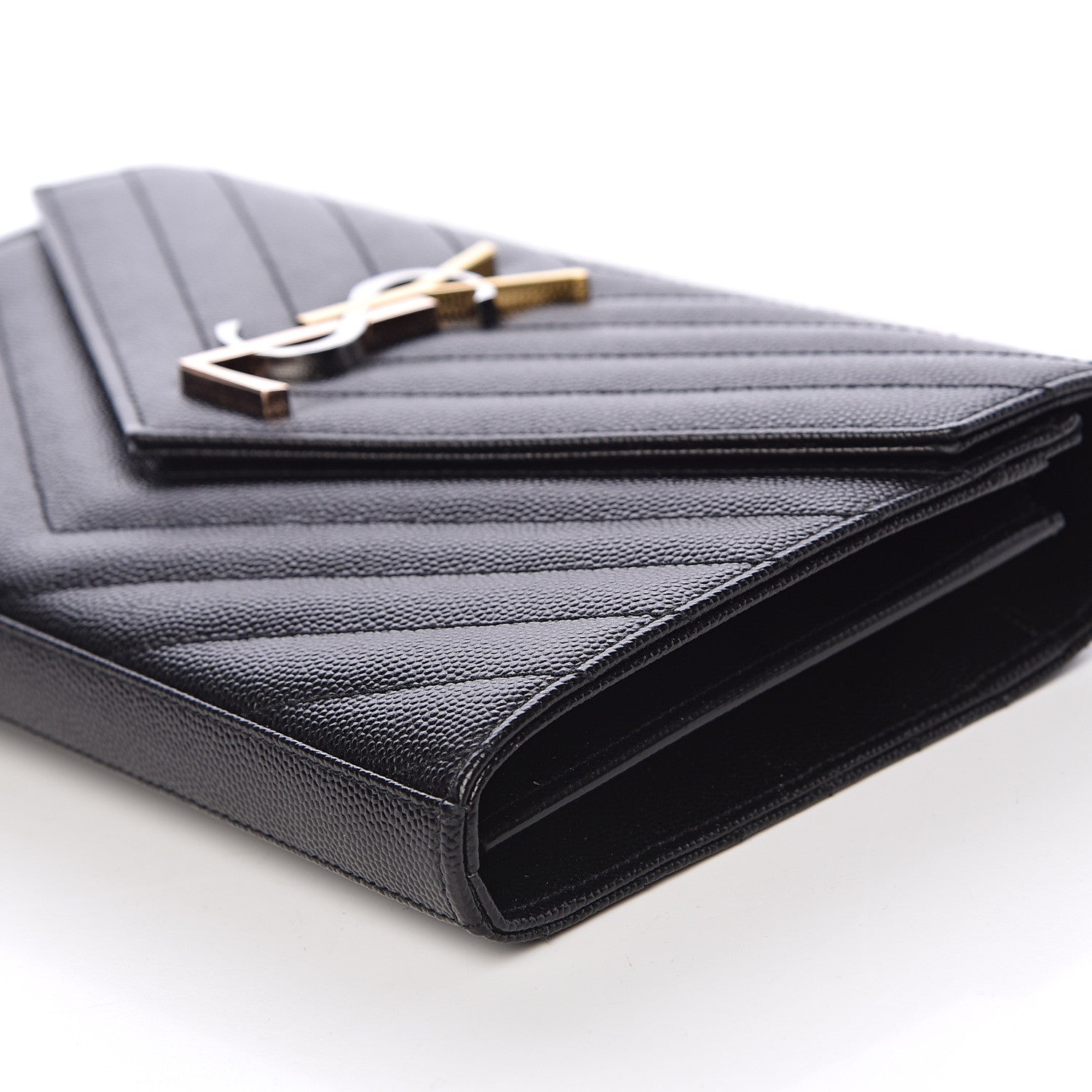 Saint Laurent Grain De Poudre Matelasse Chevron Monogram Chain Wallet Black 8 of 9