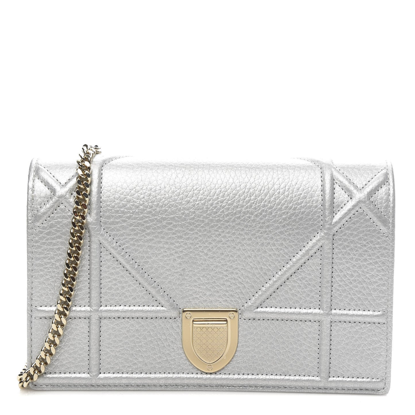 Metallic Grained Calfskin Diorama Wallet on Chain Pouch Silver