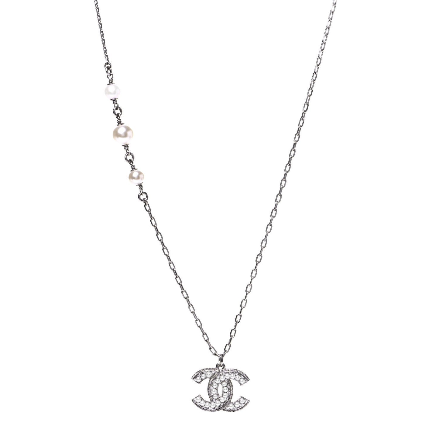 Crystal Pearl CC Pendant Necklace Silver