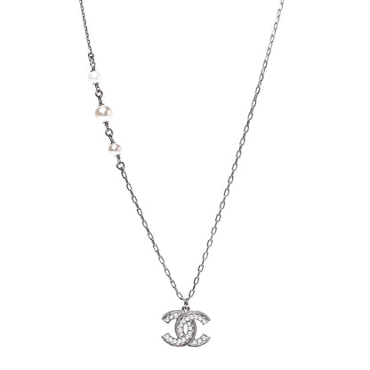 Chanel Crystal Pearl CC Pendant Necklace Silver 1 of 3