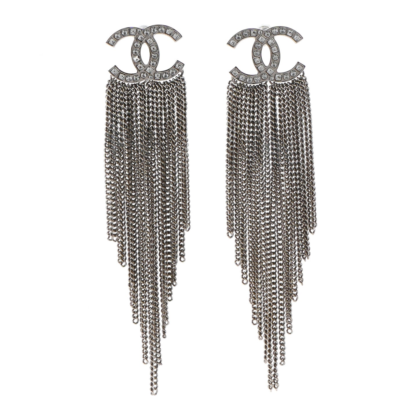 Baguette Crystal CC Chain Drop Earrings Silver