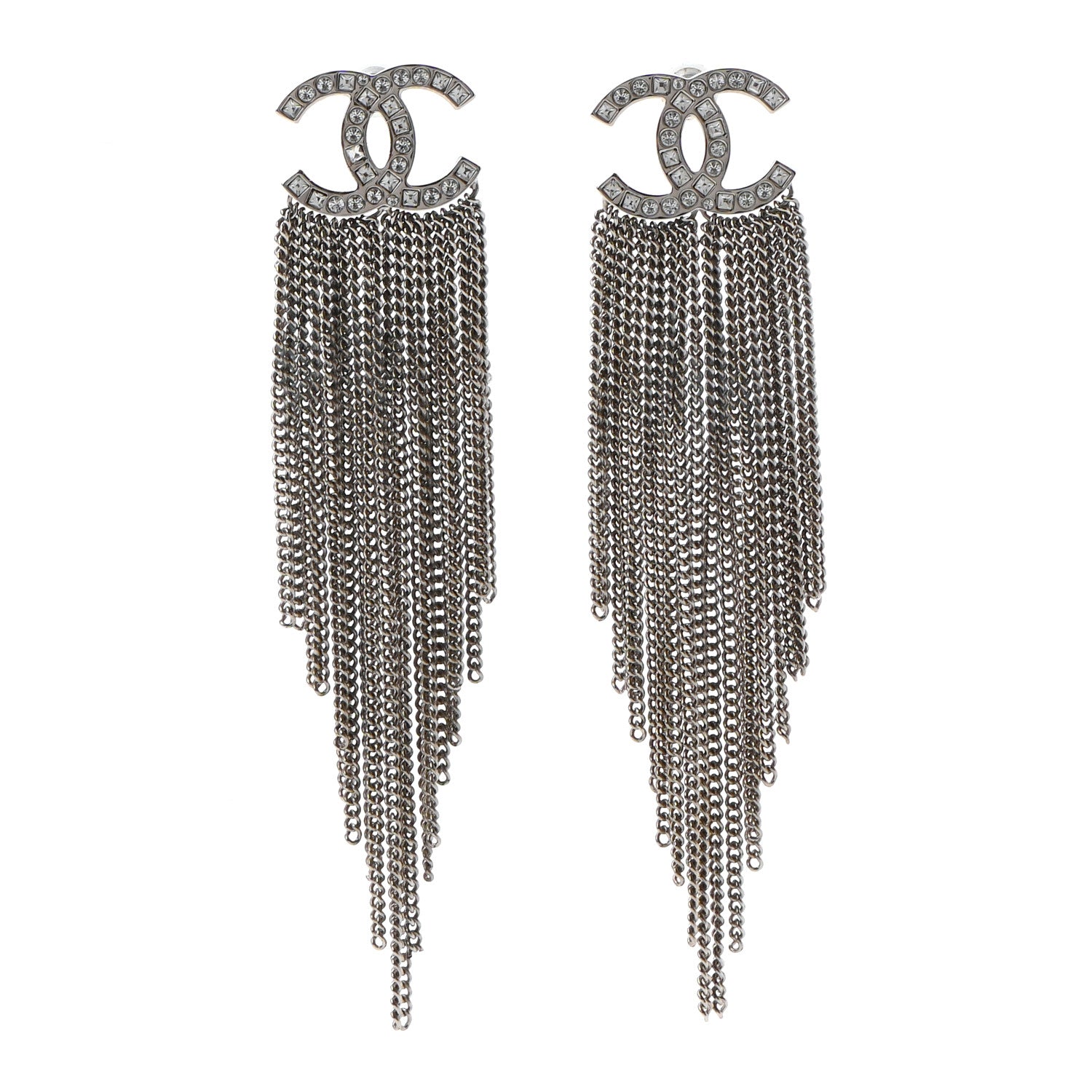 Chanel Baguette Crystal CC Chain Drop Earrings Silver 1 of 4