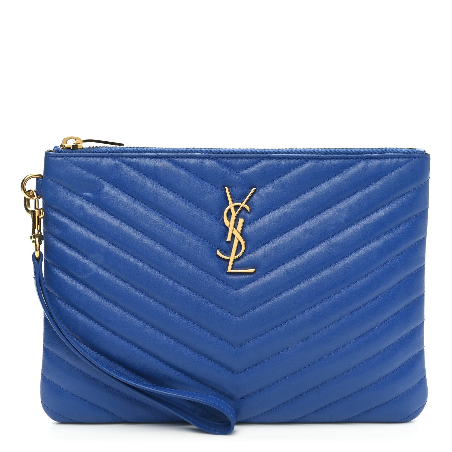 Saint Laurent Calfskin Matelasse Chevron Monogram Zip A5 Pouch Blue Majorelle 1 of 11