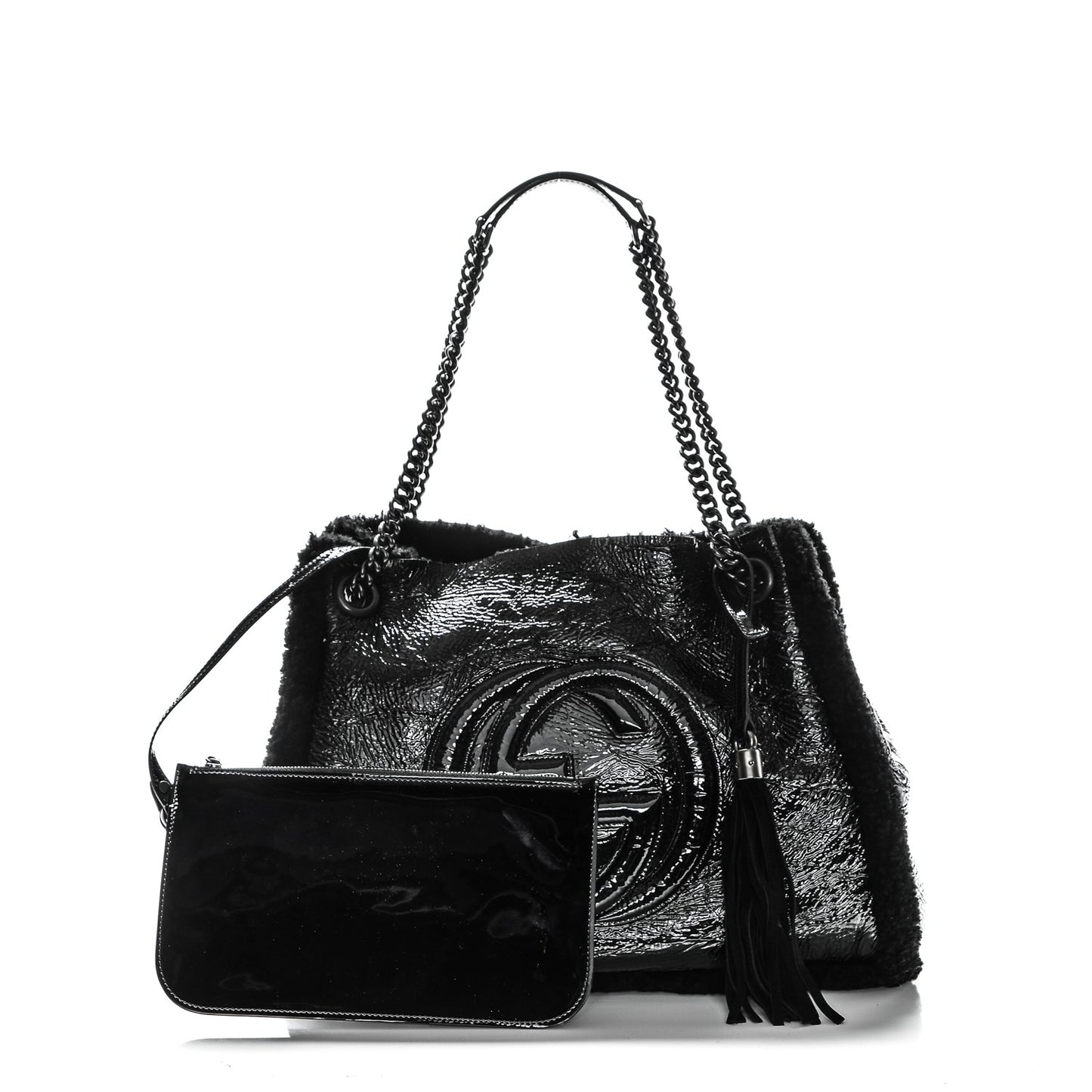 Patent Shearling Medium Soho Chain Shoulder Bag Black