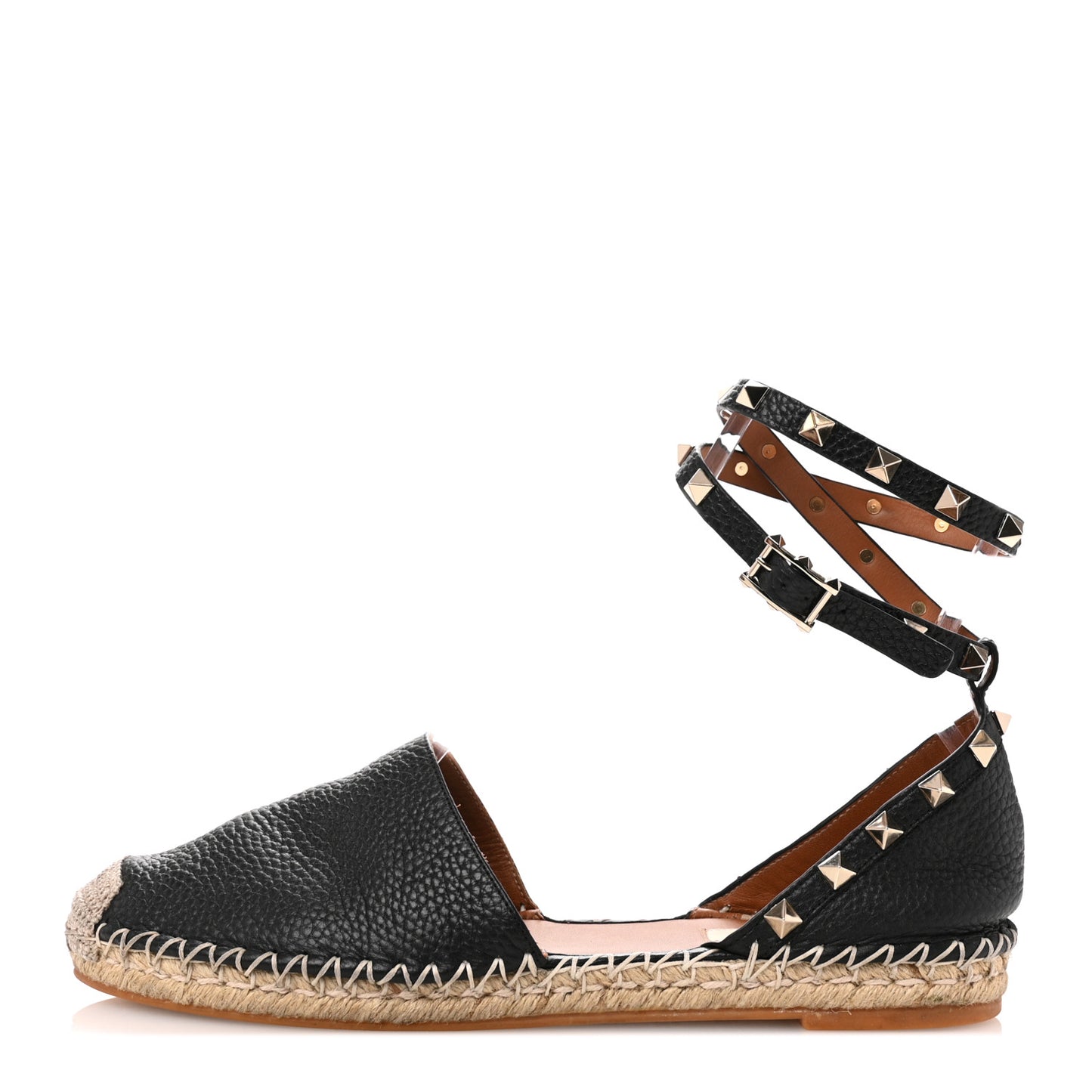 Grained Calfskin Rockstud Ankle Wrap Espadrille 20mm Flats 39 Black Light Cuir Natural