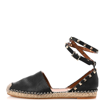 Valentino Garavani Grained Calfskin Rockstud Ankle Wrap Espadrille 20mm Flats 39 Black Light Cuir Natural 1 of 14