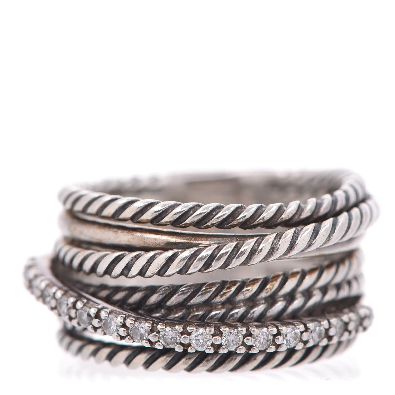 David Yurman Sterling Silver Diamond 11mm Wide Crossover Cable Ring 54.5 7 1 of 4