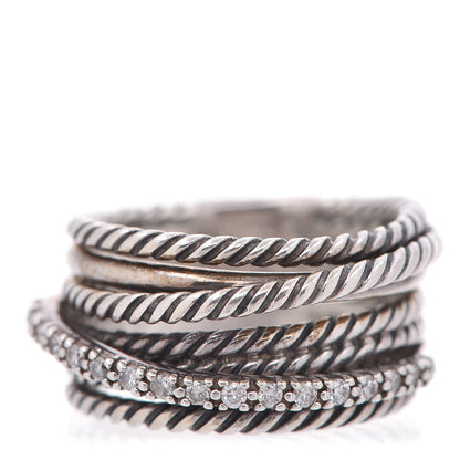 David Yurman Sterling Silver Diamond 11mm Wide Crossover Cable Ring 54.5 7 1 of 4