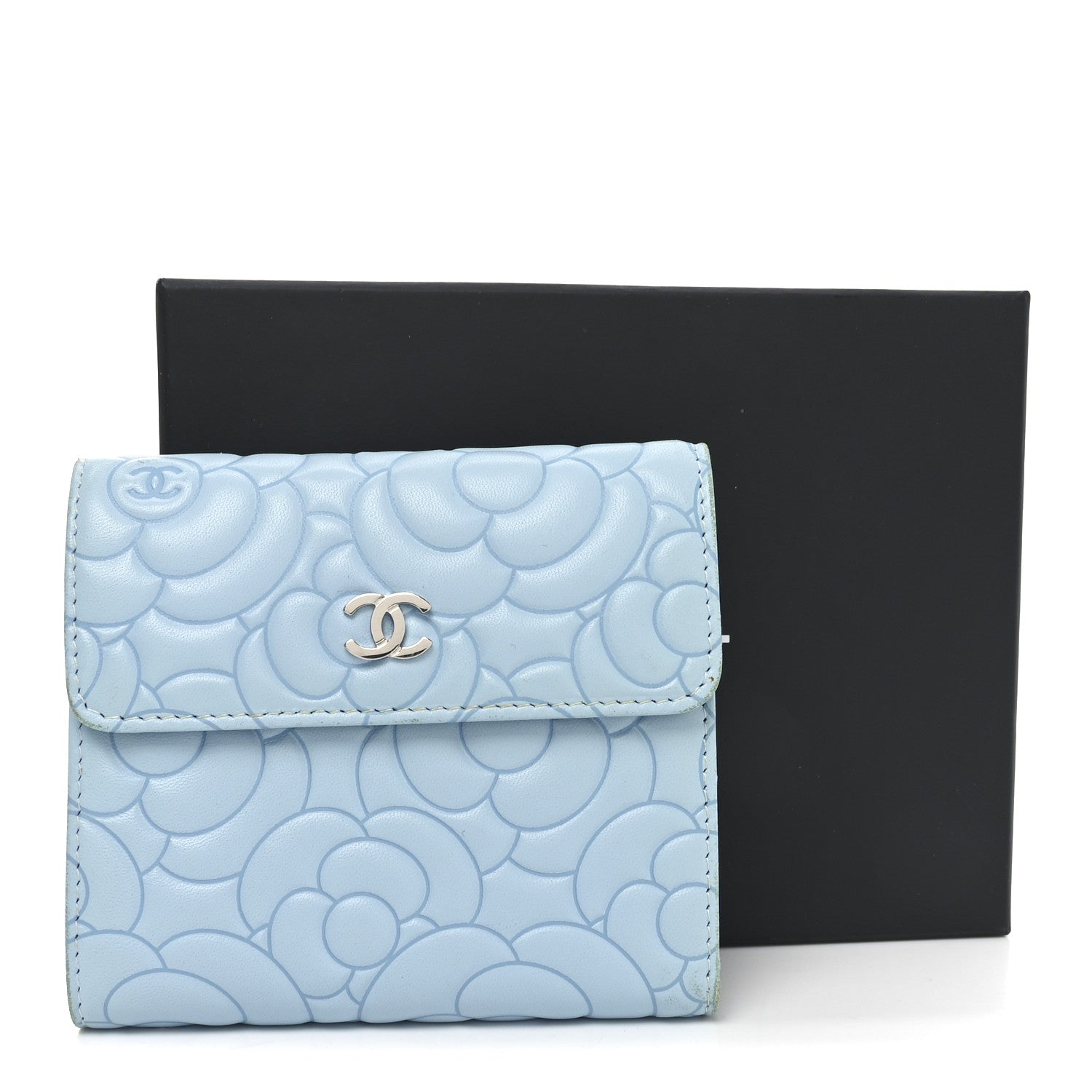 Chanel Lambskin Camellia Embossed Compact Wallet Light Blue