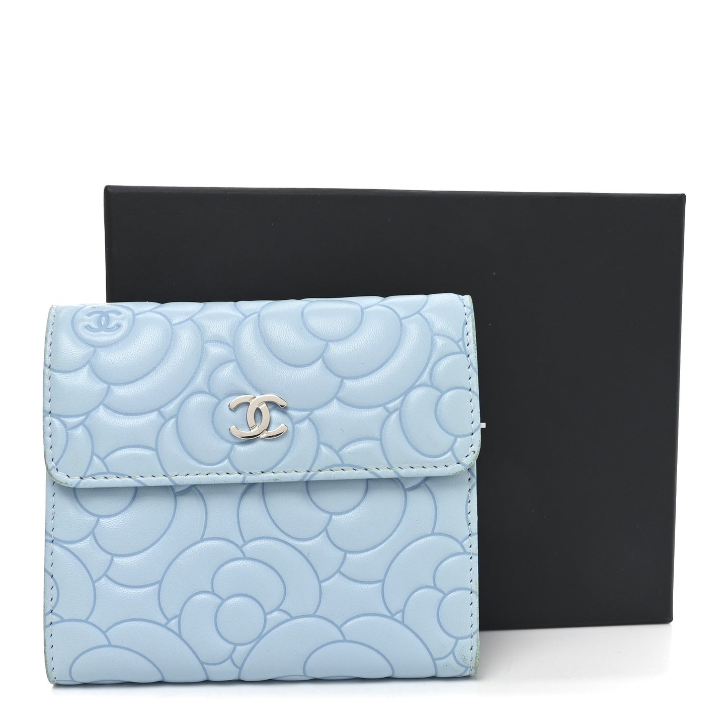 Lambskin Camellia Embossed Compact Wallet Light Blue