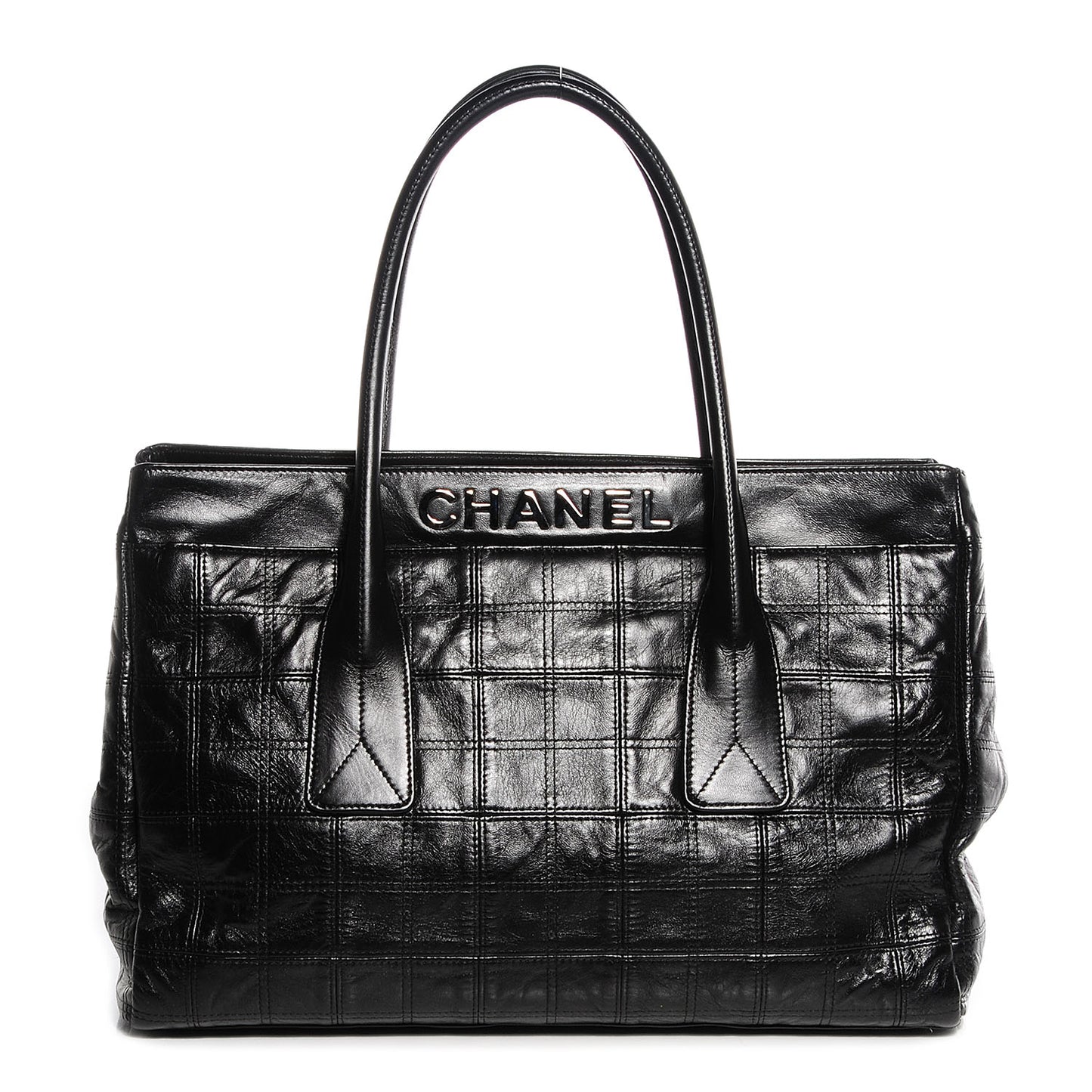 Lambskin Square Stitched Lax Shopping Tote Black