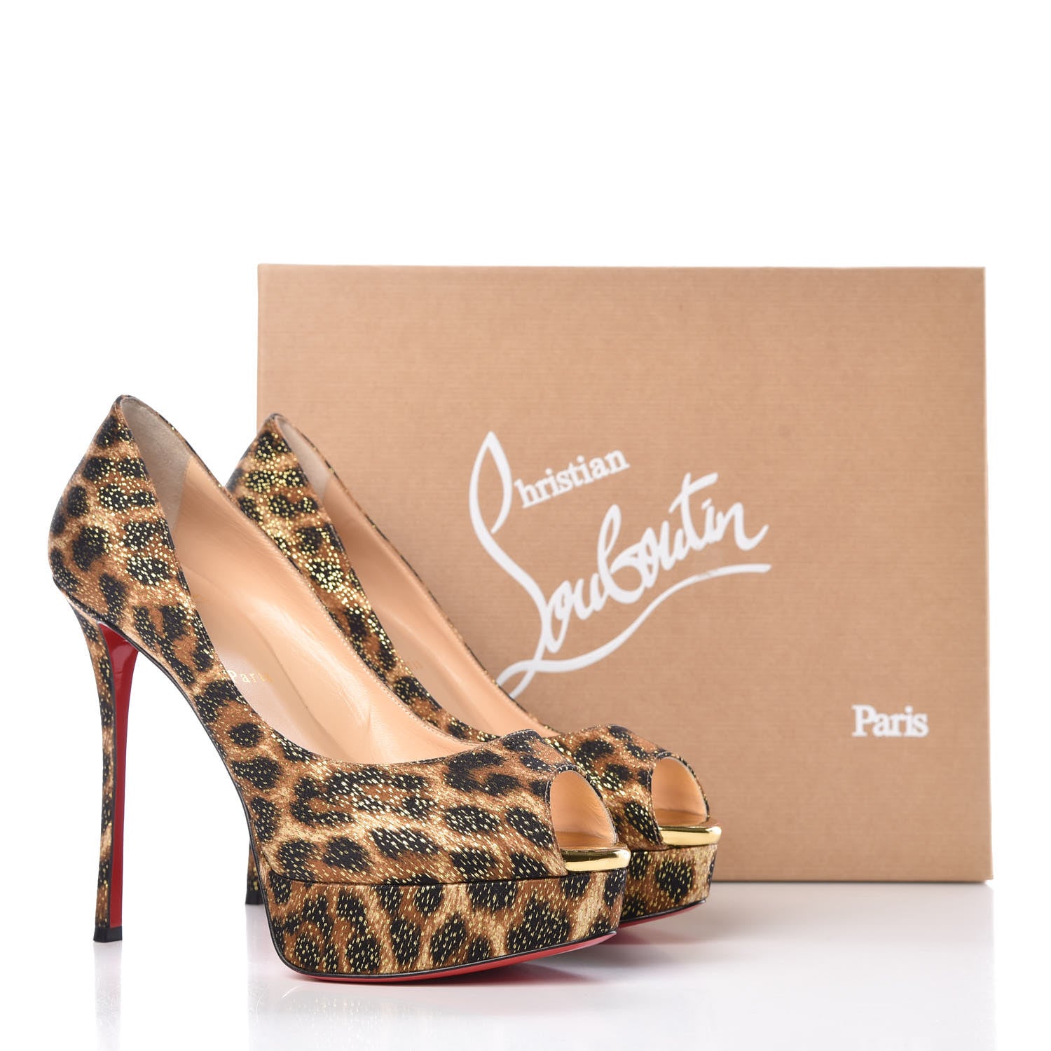 Christian Louboutin Lurex Specchio Leopard Fetish Peep 130 Pumps 39 Black Gold 8 of 8