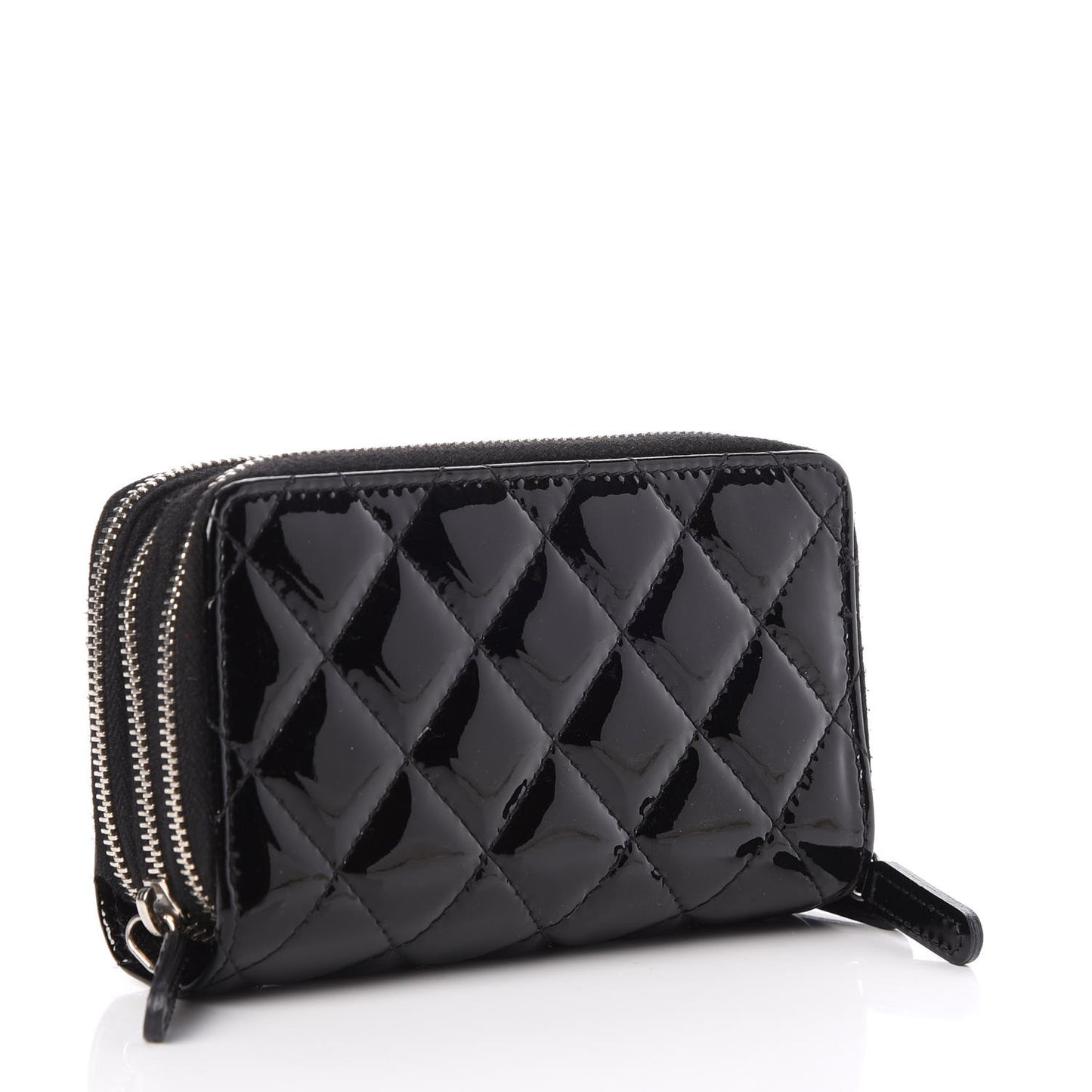 Patent Calfskin Quilted Zip Around Phone Holder Black