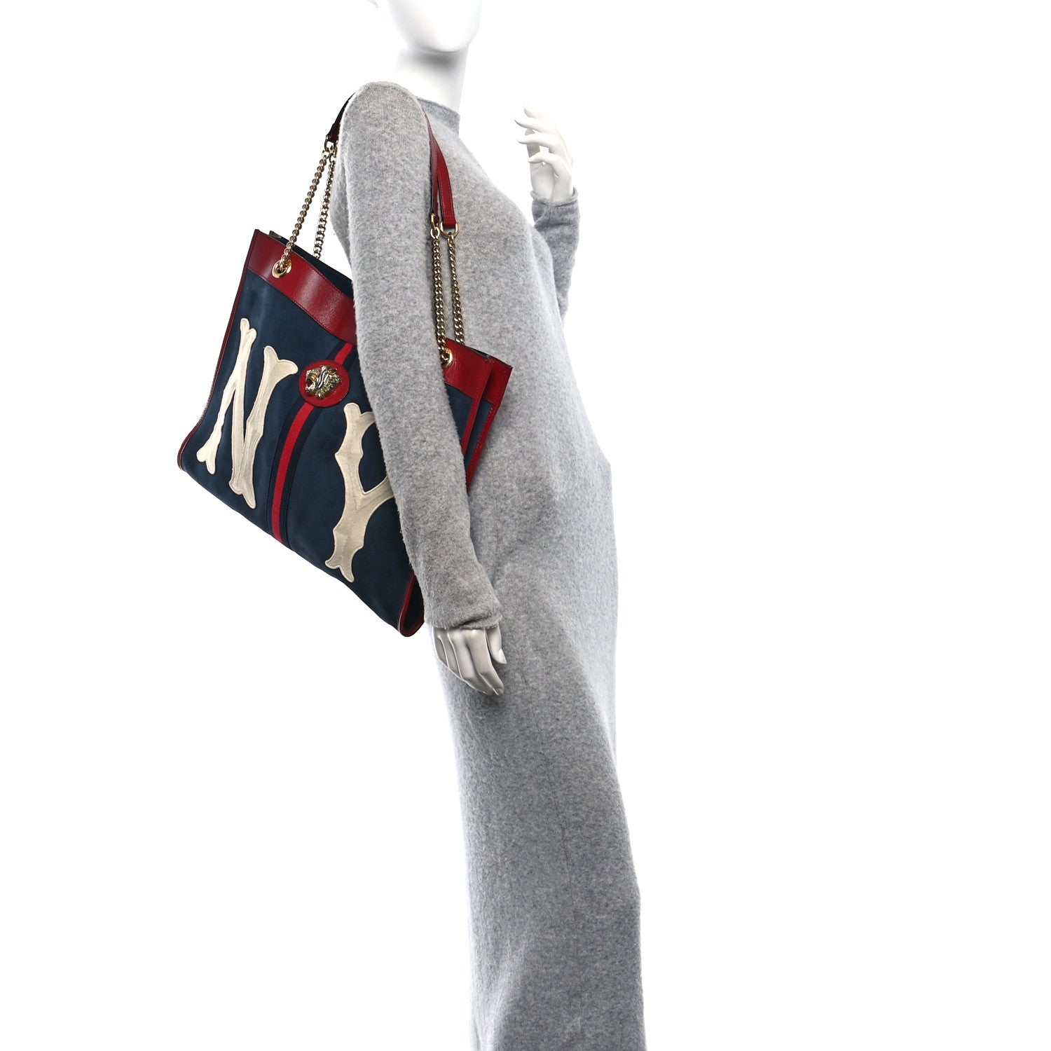 Gucci X MLB Suede Calfskin NY Yankees Large Rajah Chain Tote New Blue Romantic Cherry 2 of 11