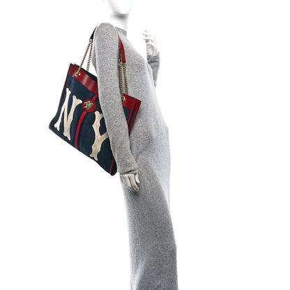 Gucci X MLB Suede Calfskin NY Yankees Large Rajah Chain Tote New Blue Romantic Cherry 2 of 11