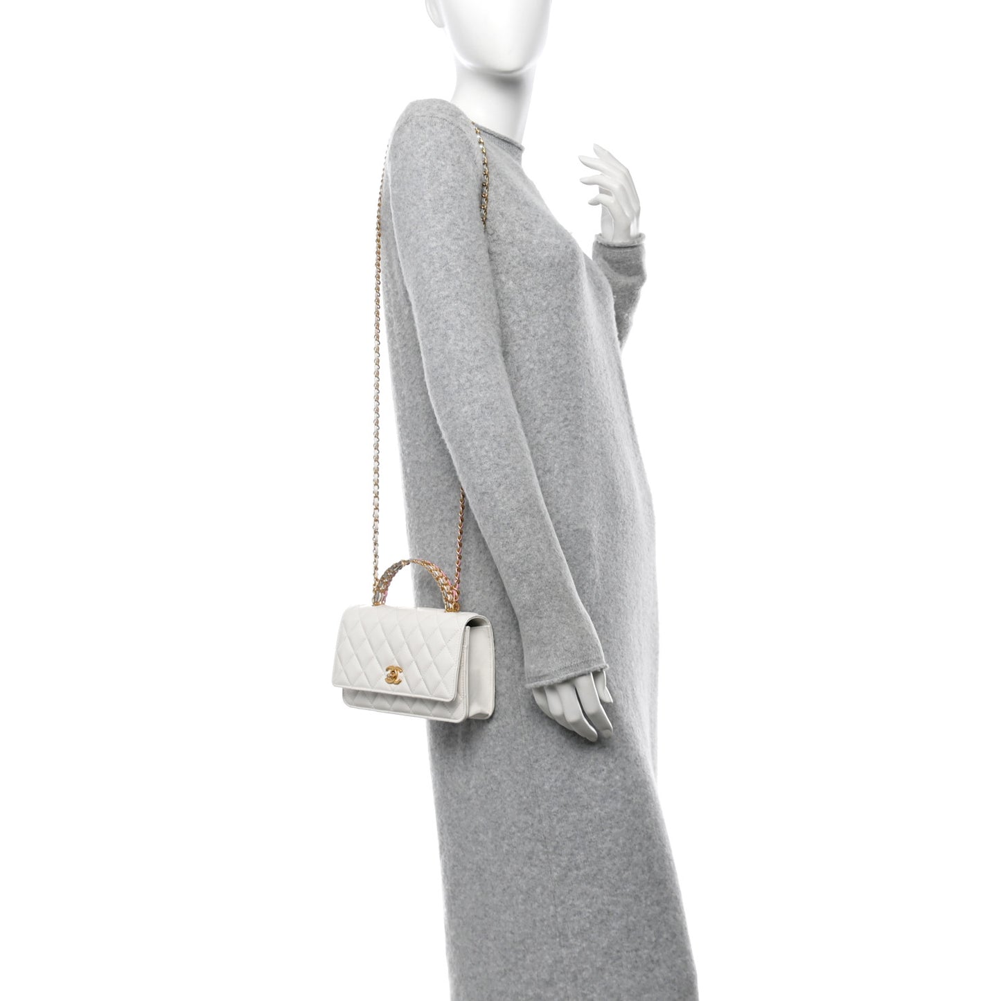Shiny Calfskin Quilted Multicolor Top Handle Wallet On Chain WOC White