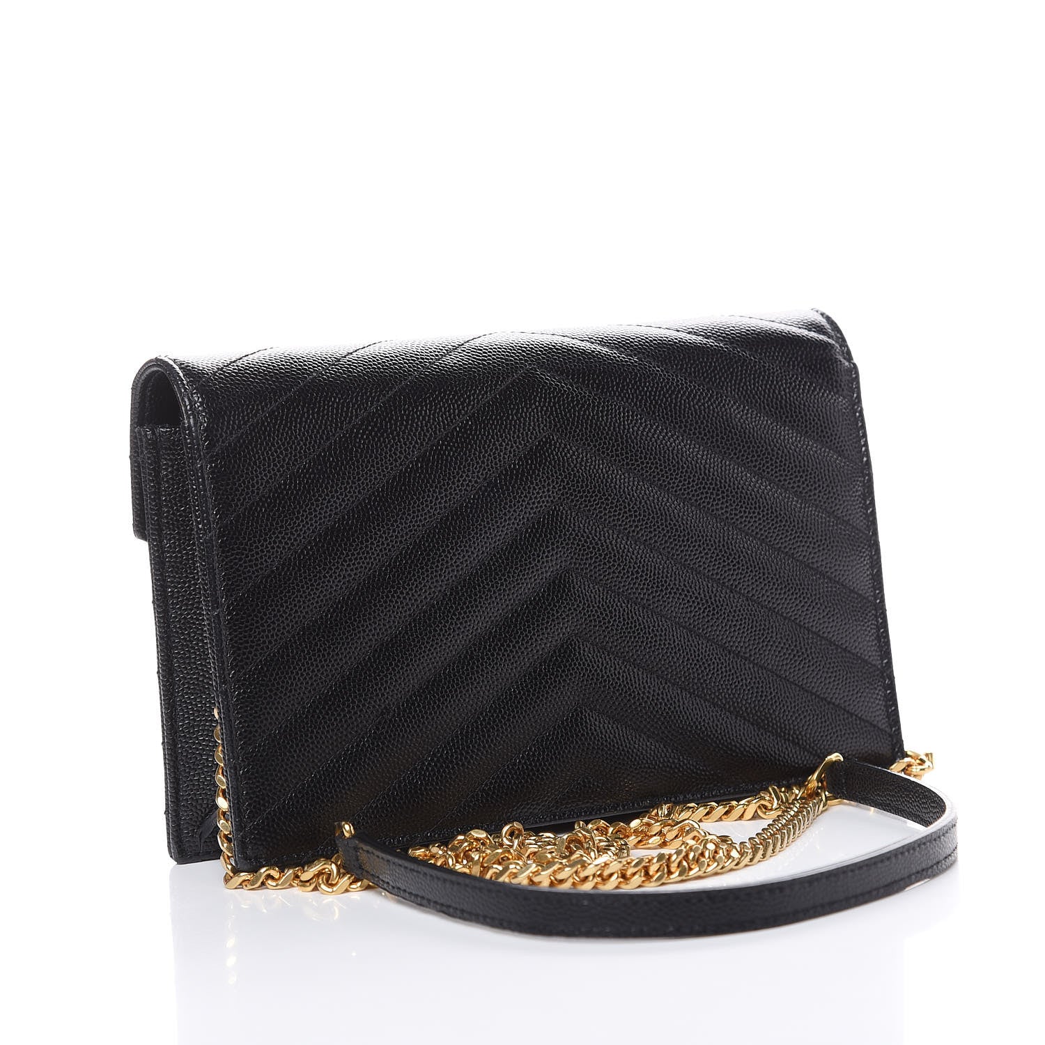 Saint Laurent Grain De Poudre Matelasse Chevron Monogram Envelope Chain Wallet Black 3 of 10