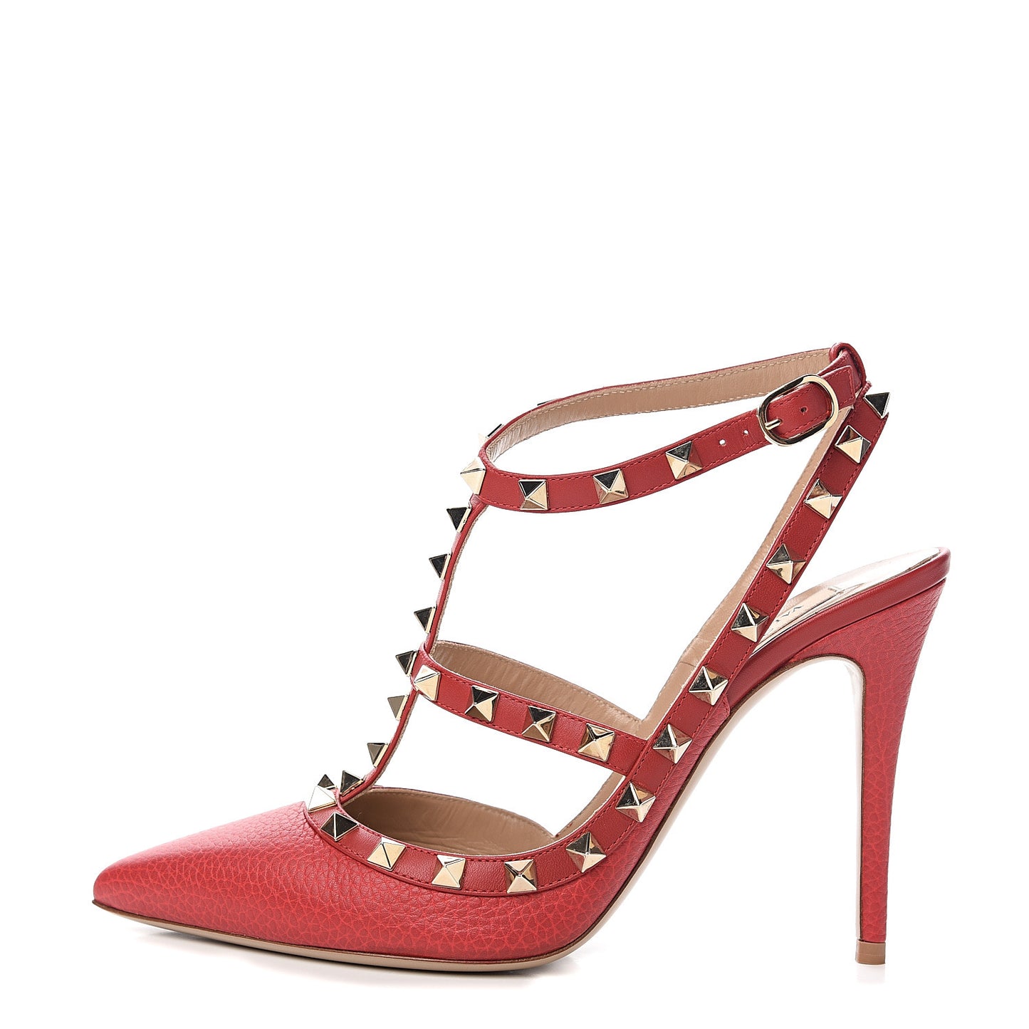 Pebbled Calfskin Rockstud Ankle Strap 100mm Pumps 38 Rosso Valentino