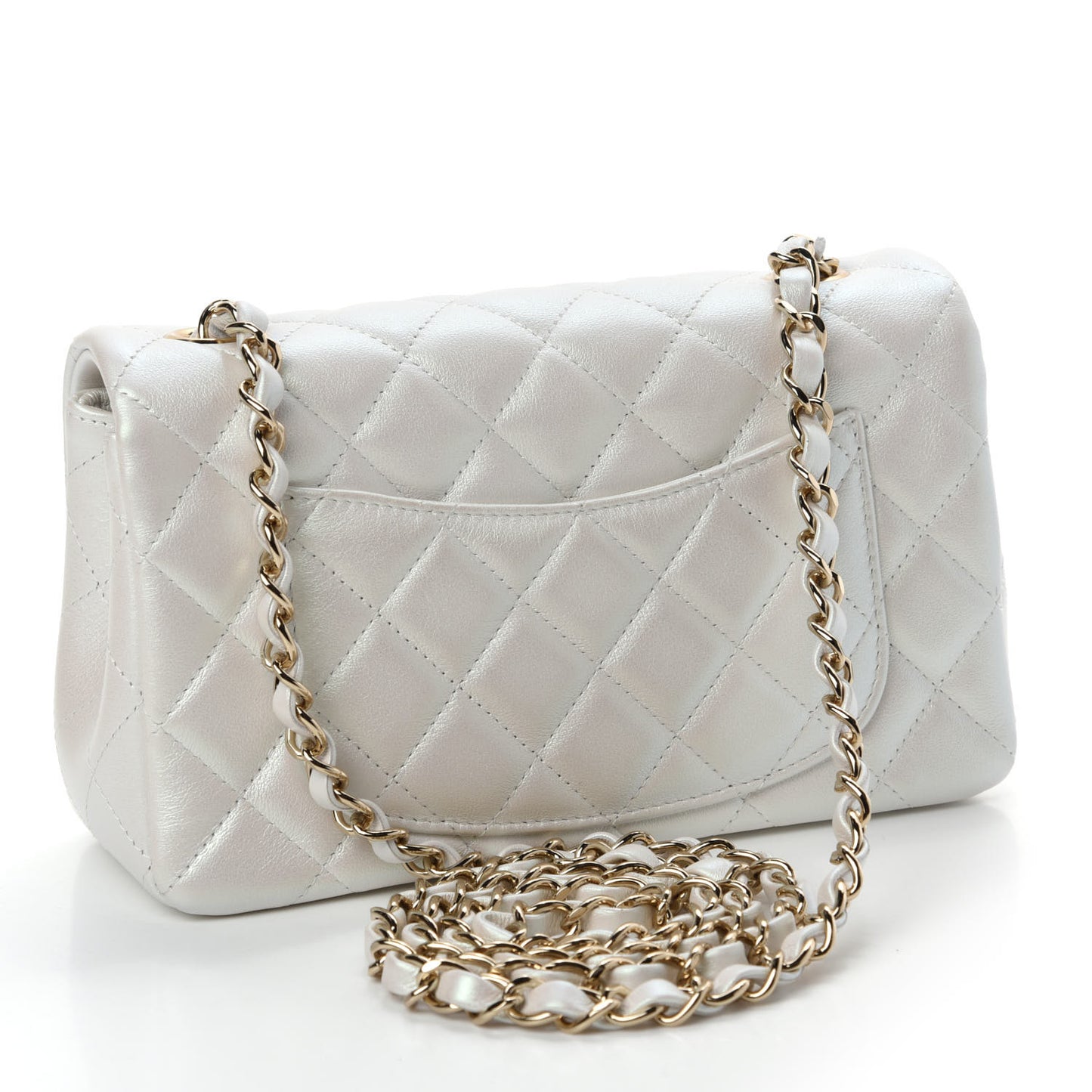 Iridescent Calfskin Quilted Mini Rectangular Flap White