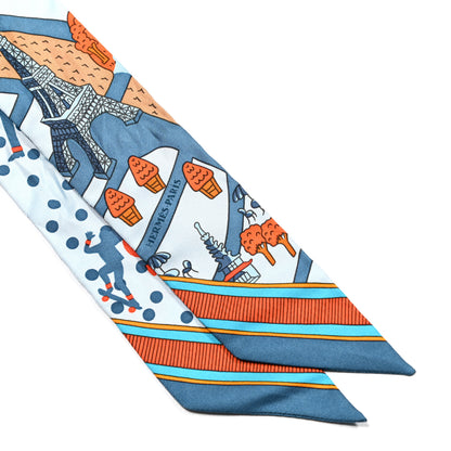 Hermes Silk Les Nouveaux Amoureux de Paris Twilly Ciel Blue Jean Orange 2 of 4