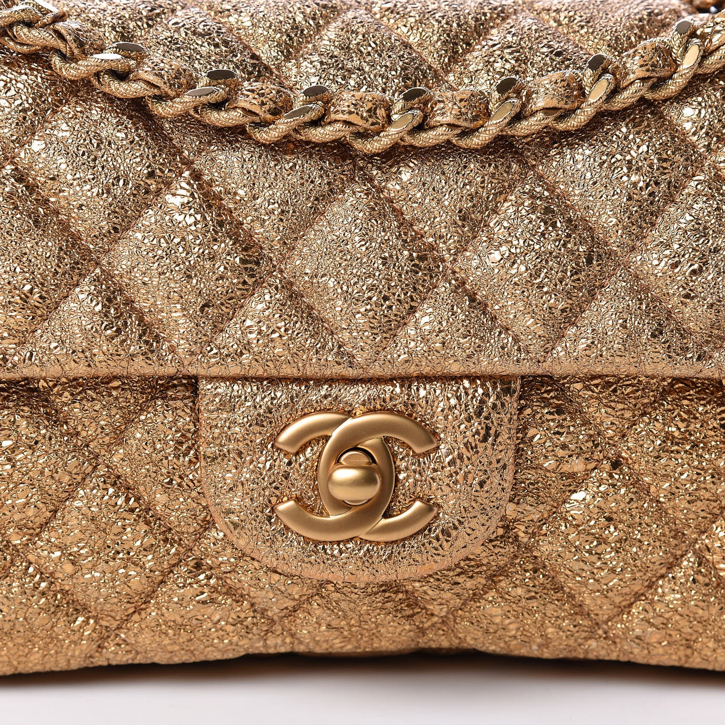 Metallic Crackled Calfskin Quilted East West Flap Dark Gold